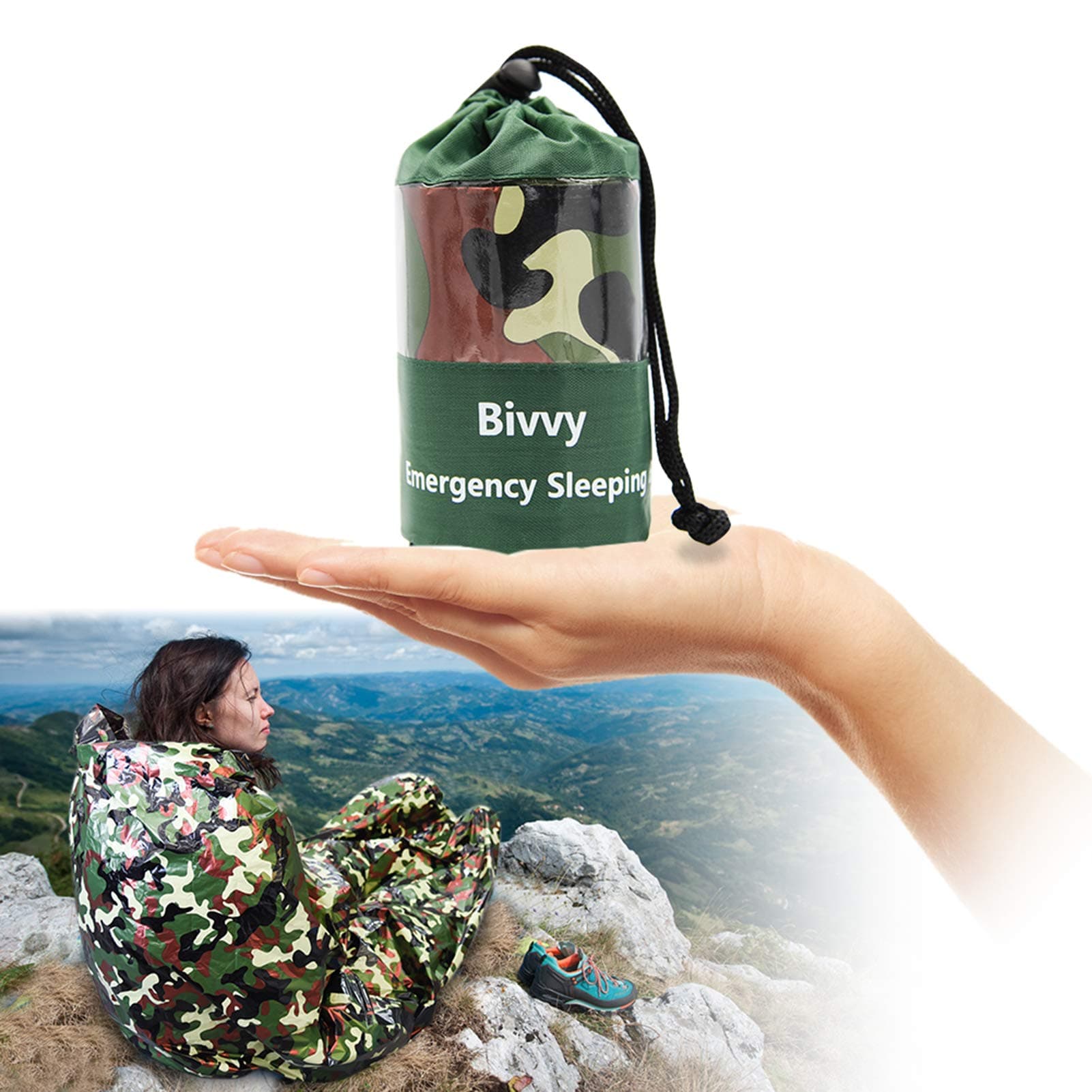 Survival Sleeping Bag, Emergency Sleeping Bag First Aid Sleeping Bag PE Aluminum Film Emergency Blanket Bushcraft for Outdoor Camping and Hiking (1 Pcs-Hook & Whistle)