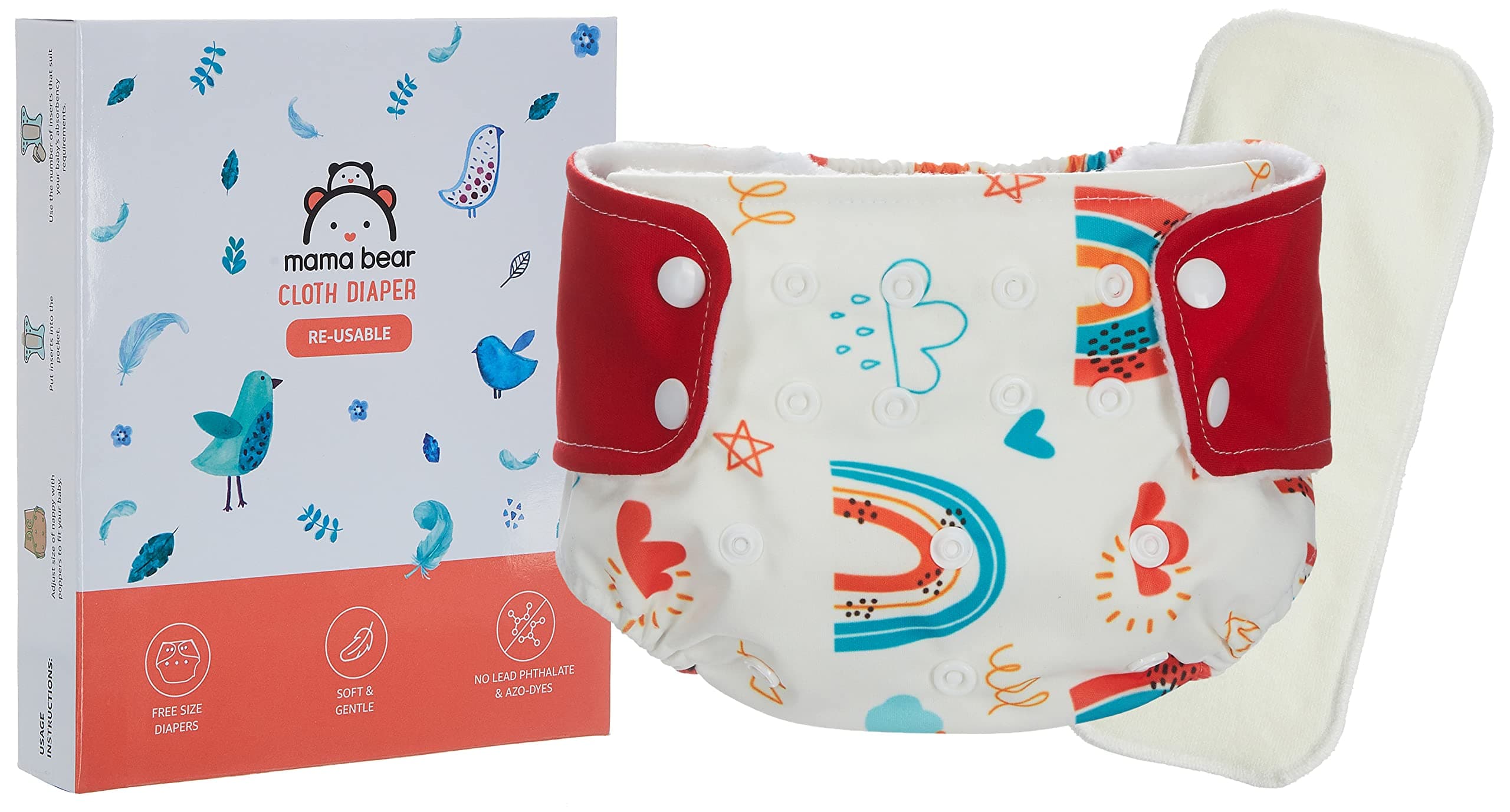 Mama Bear Reusable Cloth Diaper with 1 Free Insert, Freesize, for Baby 0-3 yrs (Red)
