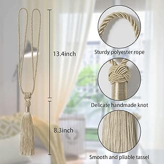 Pretty Jolly 4 Pack Long Tassel Curtain Tiebacks Handmade Braided Rope Knot Drape Tie Backs European Style Decorative Curtain Holdbacks for Home & Office Window Drapery (Khaki)