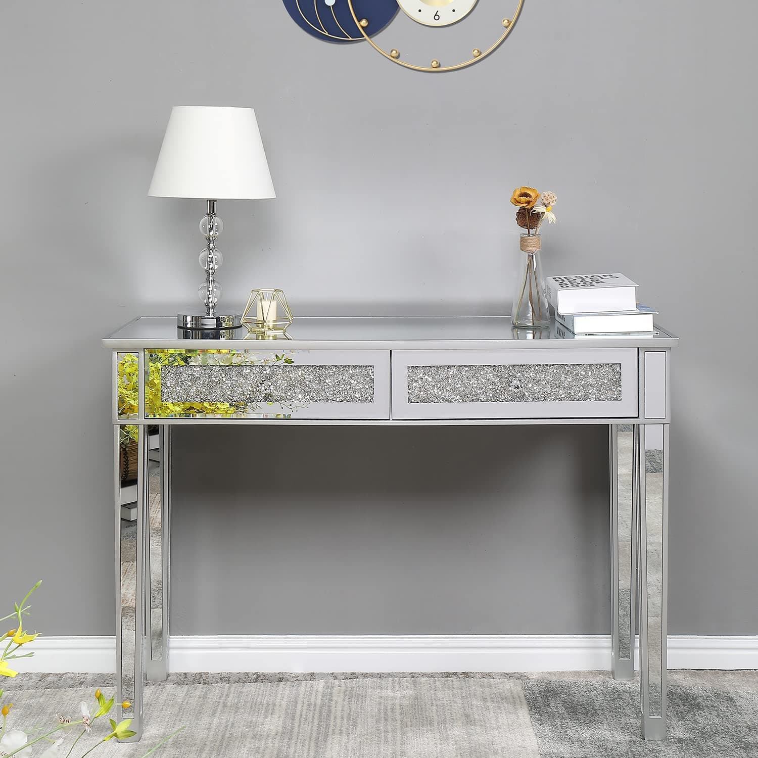 Karl home Mirror Desk with 2 Drawers Silver Console Table Mirror Sofa Table with Crystal Inlay Front for Living Room Entryway Entryway 42"