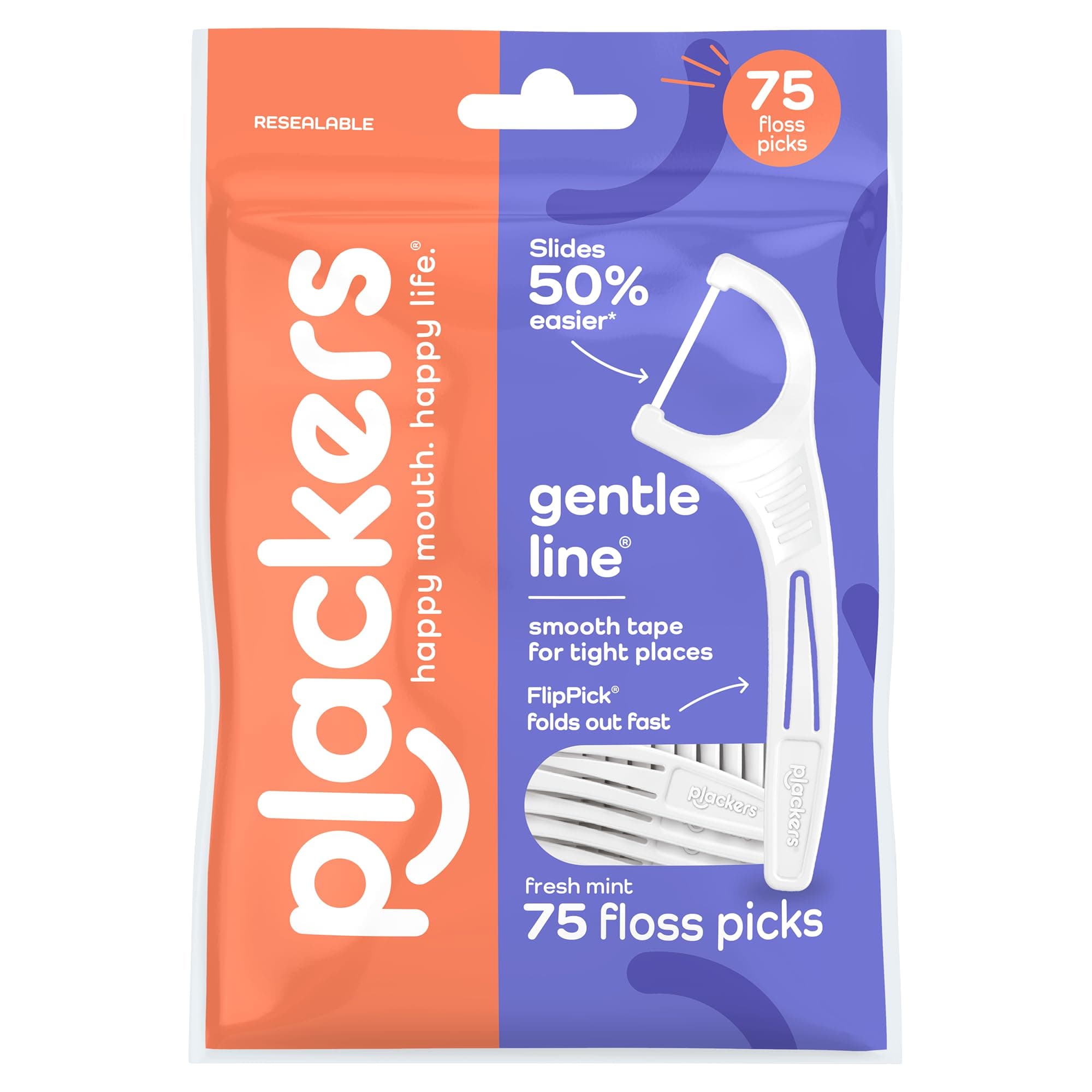 Plackers® Gentle Line® Floss Picks, Super Soft, GentleSlide® Fiber Made Without PTFE, Slides Easily Between Teeth, Fresh Mint, 75 Count