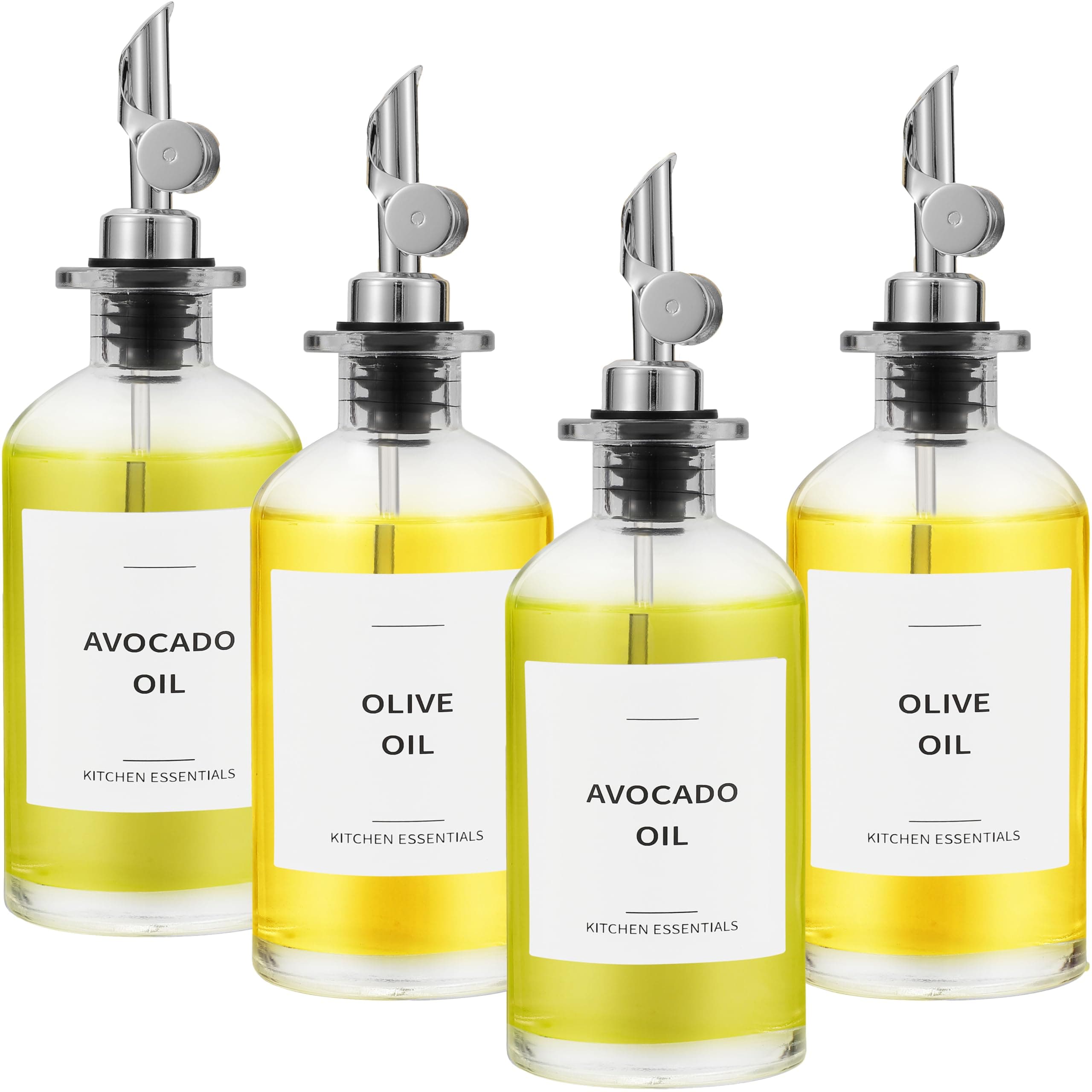 Olive Oil Dispenser Bottle - Includes 55 Kitchen Essential Labels - Cooking Oil Bottles for Kitchen, Coffee Syrup Dispenser - Pourer Spout with 11.8 fl oz Glass Container Cruet - 4pcs Silver