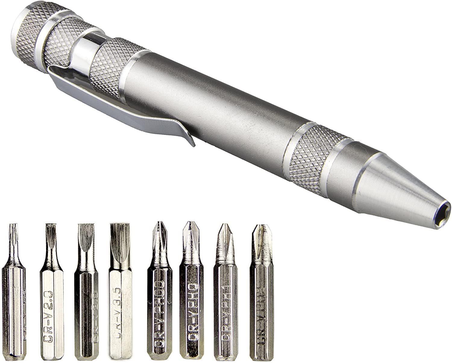 8 in 1 Precision Screwdriver Durable Mini Gadgets Repair Multi-Tool Set Kit Pen Style, (2) Slotted Screwdrivers: 2mm and 3mm, (2) Phillips Screwdrivers: Sizes 1 and 2, (4) Torx: T5, T6, T7 and T8