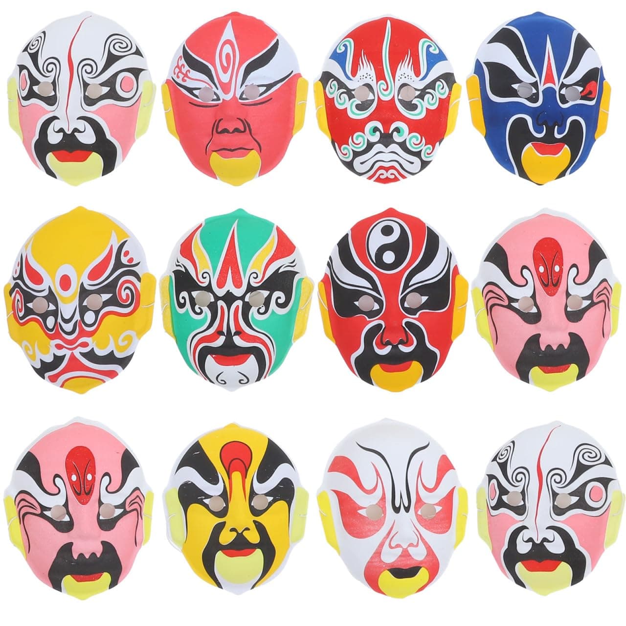12 Pack Chinese Masks with Elastic Band, Oper Plastic Cosplay Props for Party, Halloween, and Holiday Decorations (Random Styles)