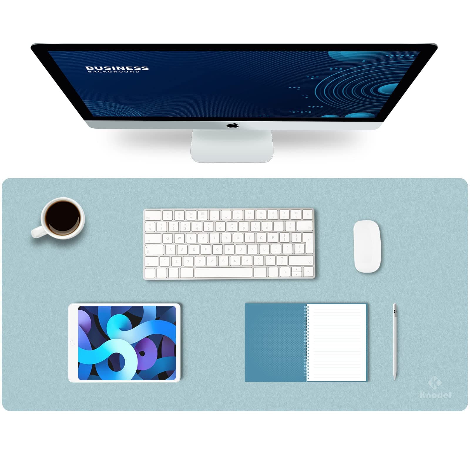 K KNODEL Large Office Leather Desk Mat, Mouse and Keyboard Pad, Computer and Laptop Mat, Desktop Protector and Cover, Writing Pad and Blotter (31.5"x15.7", Light Blue)