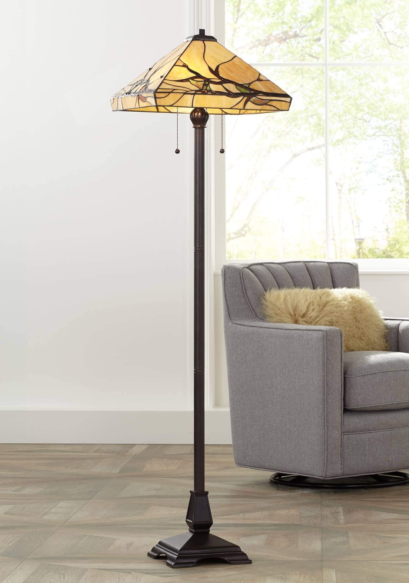 Budding Branch Mission Rustic Tiffany Style Floor Lamp Standing 62" Tall Bronze Metal Hand-Crafted Stained Art Glass Shade for Living Room Reading House (Colors May Vary)