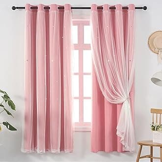 Pink Curtains for Girls Room- Aesthetic Star Cutout Blackout Double Layer with Sheer Overlay, 63 Inch Length 2 Panels Kids Bedroom Curtain Cute Nursery Decor Drapes