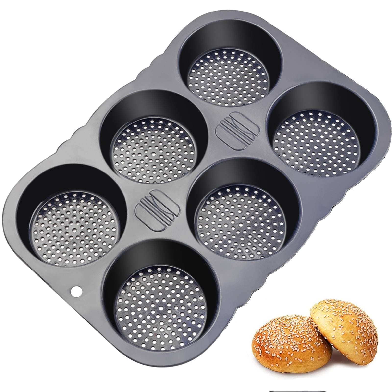 Hamburger Bun Mold Silicone Non-Stick 6 Cavity Round Baking Tray with Holes for Bread Maker
