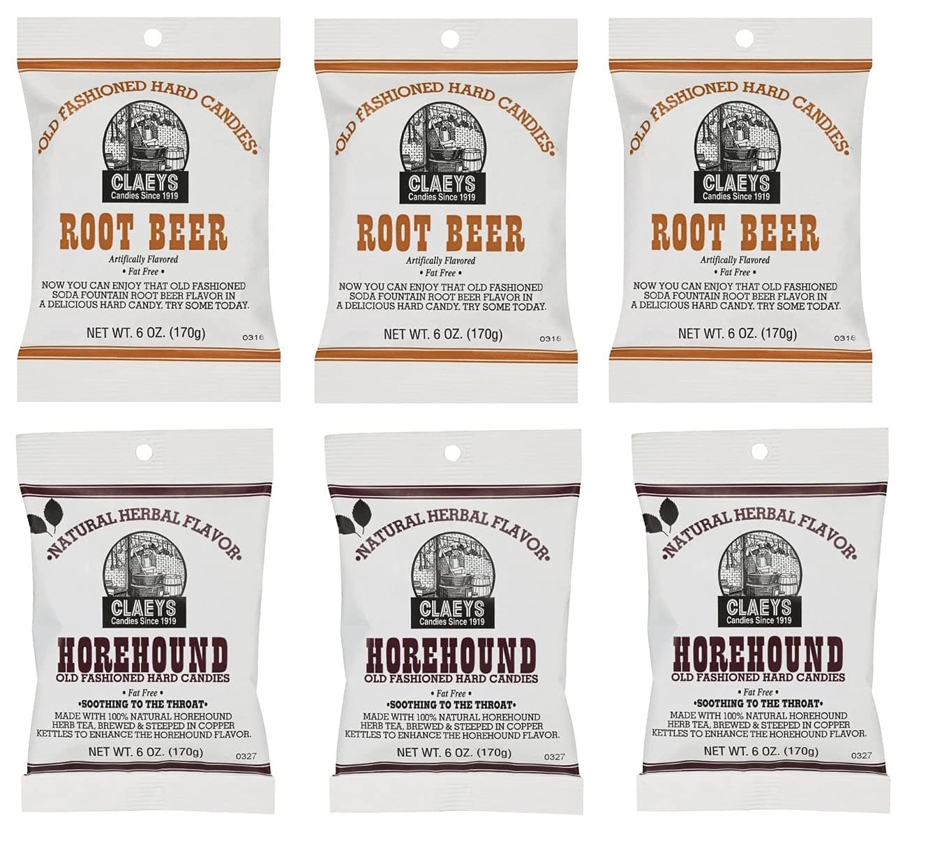 Old Fashioned Hard Candy - Variety 6 Pack - Horehound and Root Beer - 3 of Each Flavor - 36 Ounces Total