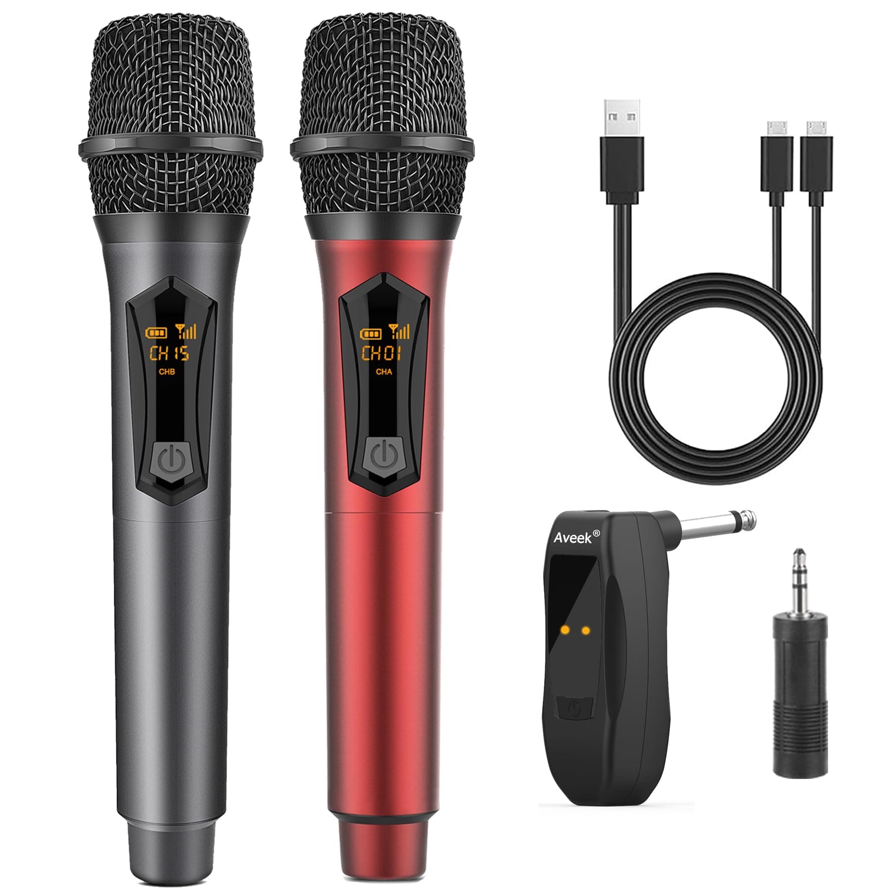 Aveek Wireless Microphone for Karaoke, Rechargeable Karaoke Microphone(Work 10hs), for Speaker, Karaoke Machine,Church, Speech, Wedding, Party Singing, Grey&Red, 2 Packs