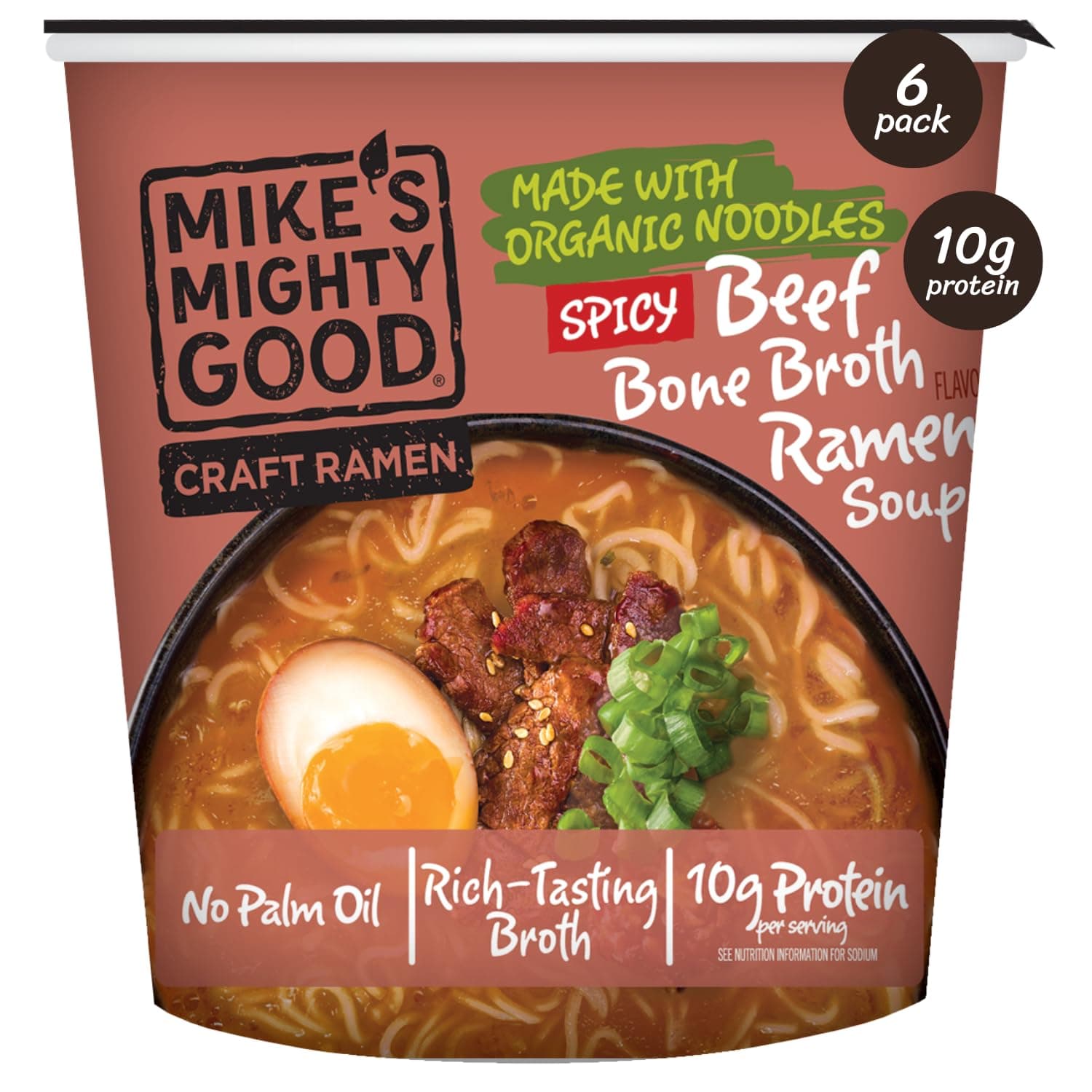 Mike’s Mighty Good Spicy Beef Bone Broth Ramen Cup (Pack of 6) – 10g Protein Instant Ramen Noodles – Organic Steamed, Non-GMO, Palm Oil-Free – Rich Tasting, No Artificial Flavors