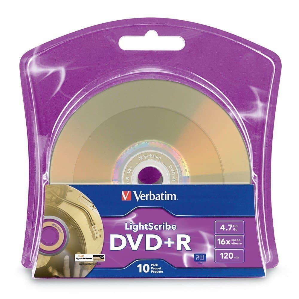 Verbatim LightScribe 10pk DVD+R Blank Media - Laser Etch Prints Direct to Disc (96943) - 4.7GB/120min