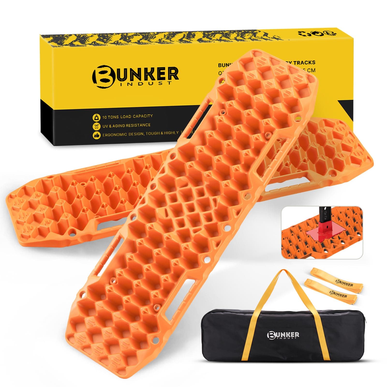 BUNKER INDUST Off-Road Traction Boards with Jack Base,Pair Recovery Track 4X4 Jeep Truck Emergency Tire Traction Mat with Bag -Sand, Mud, Snow Tracks Orange Traction Pad (Gen 7th)
