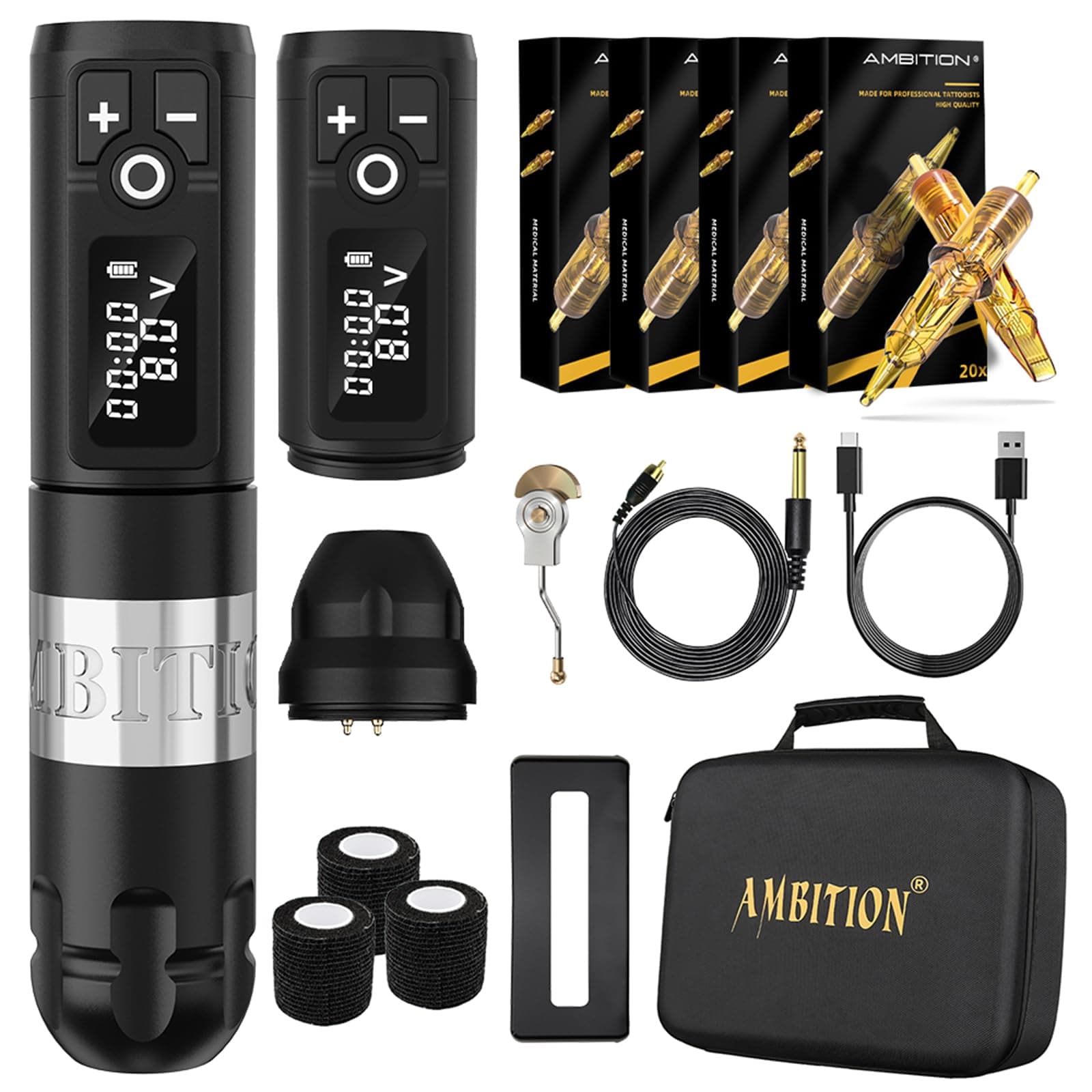 Ambition Soldier Wireless Tattoo Machine Kit Complete Rotary Coreless Motor Tattoo Pen Kit with Extra 2400mAh Battery 80pcs Glory Mixed Size Cartridge Needles Supply for Professional Tattoo Artist