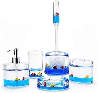 Locco Decor 5 Piece Acrylic Liquid 3D Floating Motion Bathroom Vanity Accessory Set Ocean Cartoon Animal Theme Nimo Fish Toothbrush Holder, Tumbler, Soap Dispenser, Soap Dish, Toiletbrush Holder Set