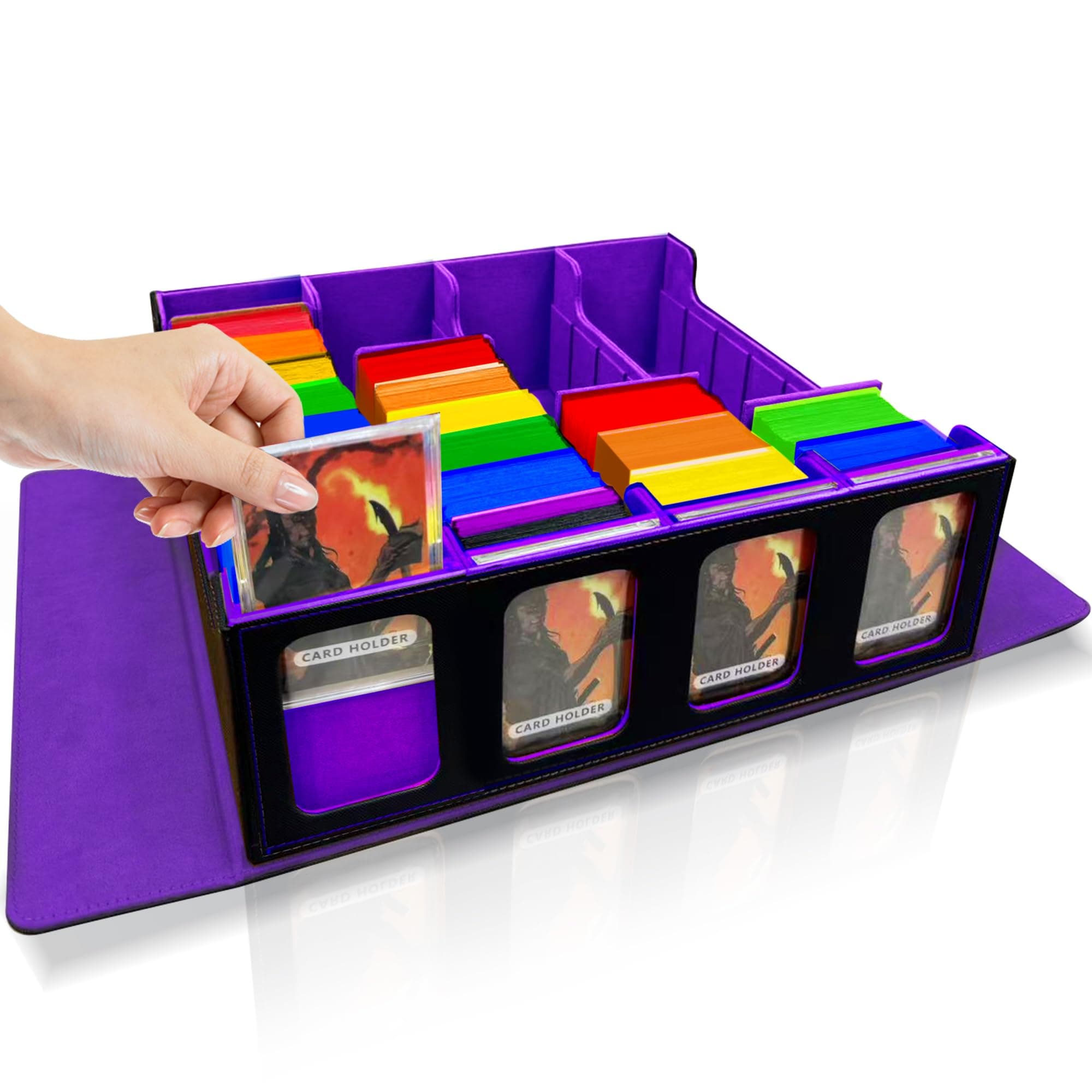 MTG Trading Card Storage Box Fits 3200+ Cards, Commander Deck Case, 4 Display Windows 10 Dividers 4 Movable Partitions, PU Leather Magnetic Closure, Magic/TCG/YuGiOh/Sport Cards (Purple)