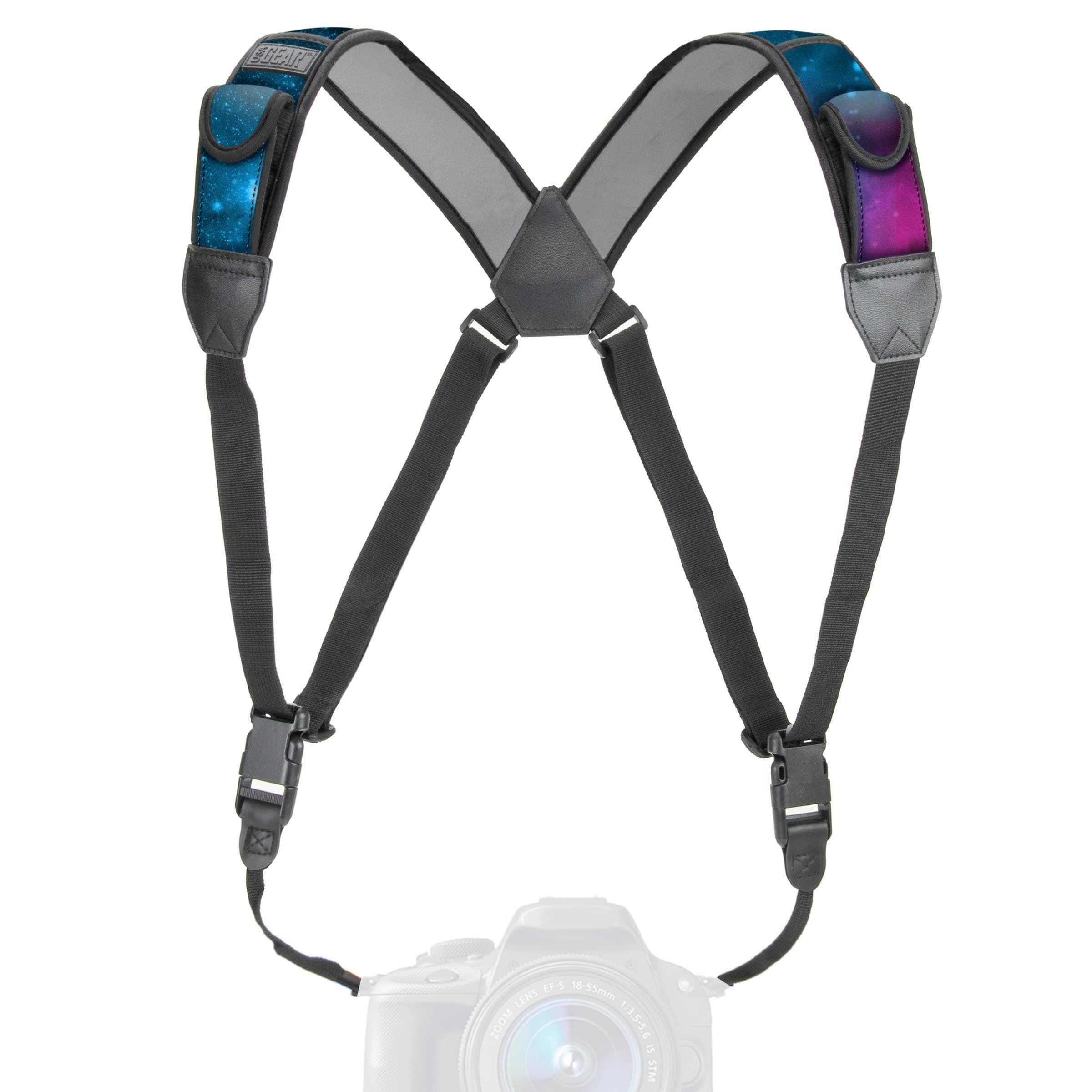USA Gear DSLR Camera Strap Chest Harness with Quick Release Buckles, Galaxy Neoprene Pattern and Accessory Pockets - Compatible with Canon, Nikon, Sony and More Point and Shoot and Mirrorless Cameras