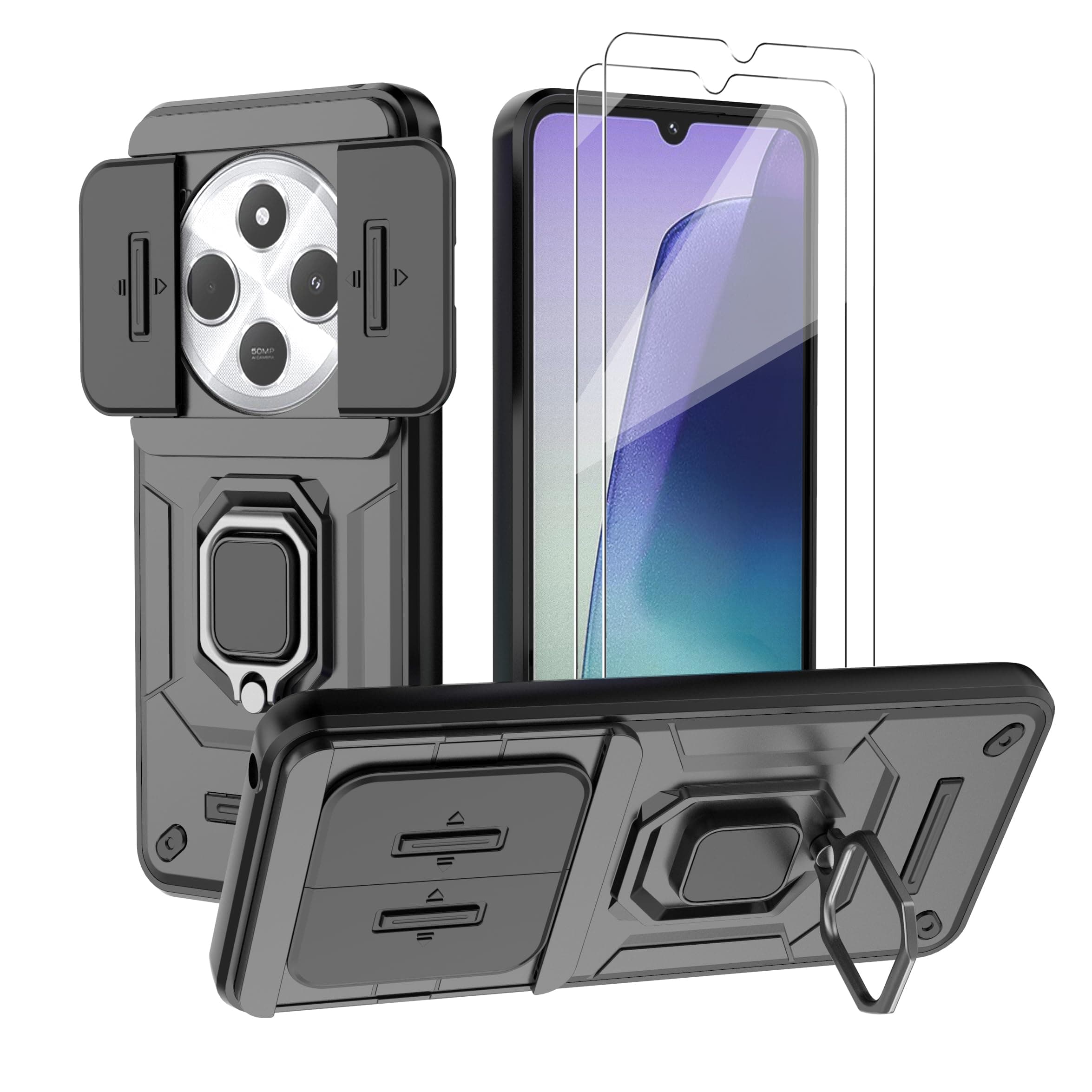 Phone Case for Xiaomi Redmi 14C / Poco C75 4G Case with Glass Screen Protector [2 Pack], Built Slide Camera Protection Cover,Military Heavy Duty Full Body Protective Phone Case - Black