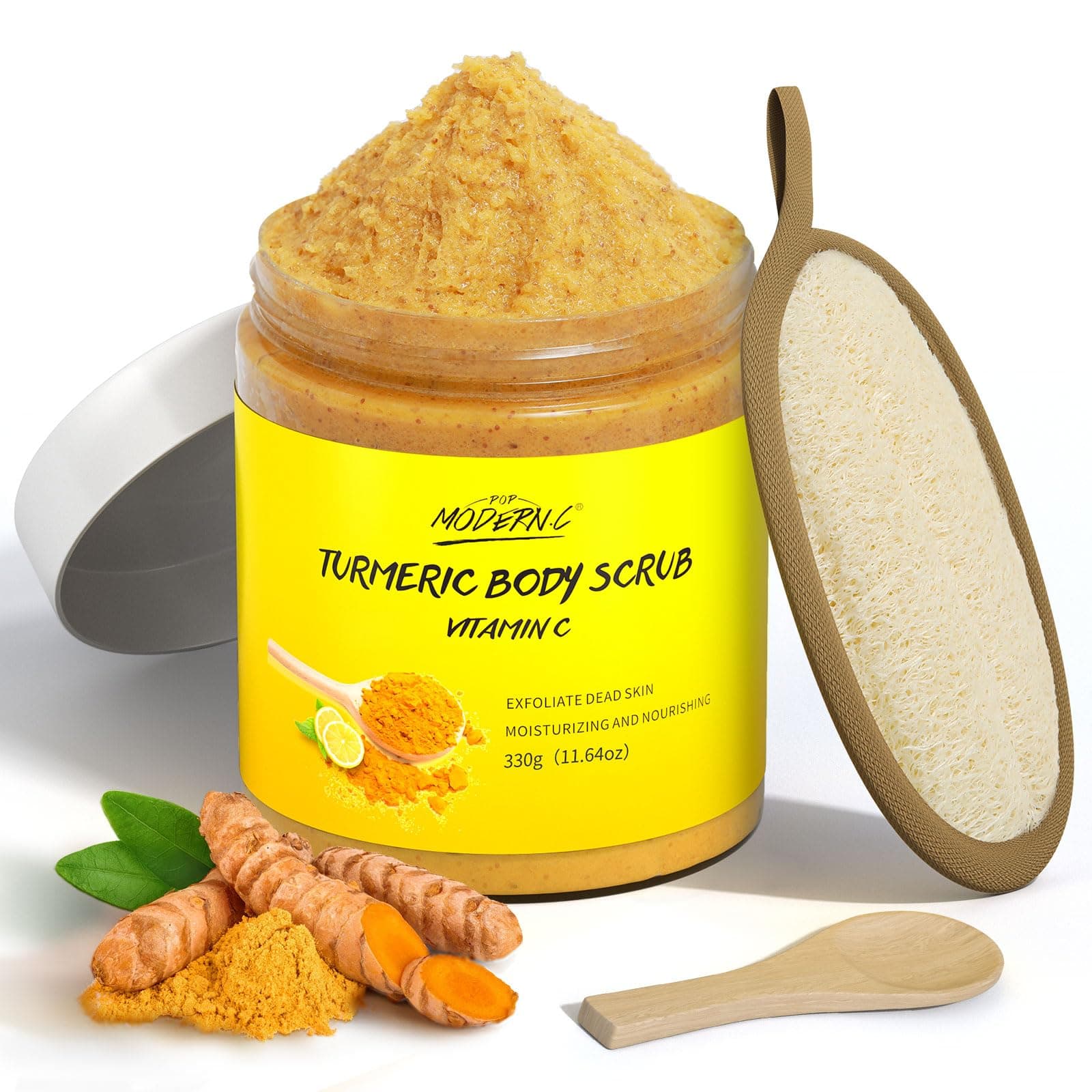 Turmeric and Vitamin C Body Scrub Remove Dead Skin Improve Dark Spots Acne Natural Organic Exfoliating Deep Cleansing Exfoliator for Body Butt Bikini Area Body Care with Loofah