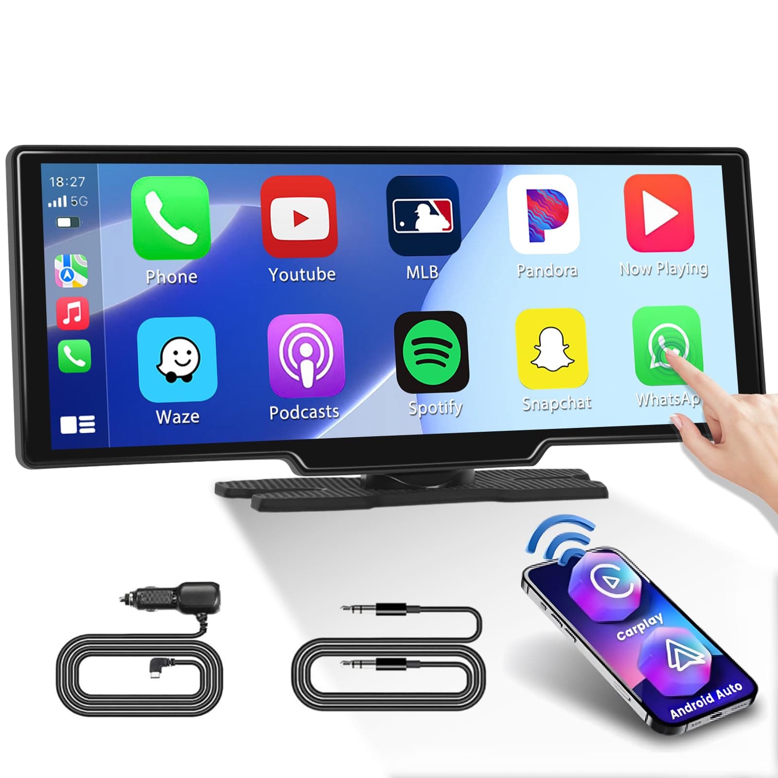 Hikity Portable Wireless Apple Carplay Android Auto Car Stereo, 10.26" HD IPS Touch Screen Portable Car Radio with Bluetooth Hands-Free/Mirror Link/GPS Navigation/Voice Control for All Vehicles