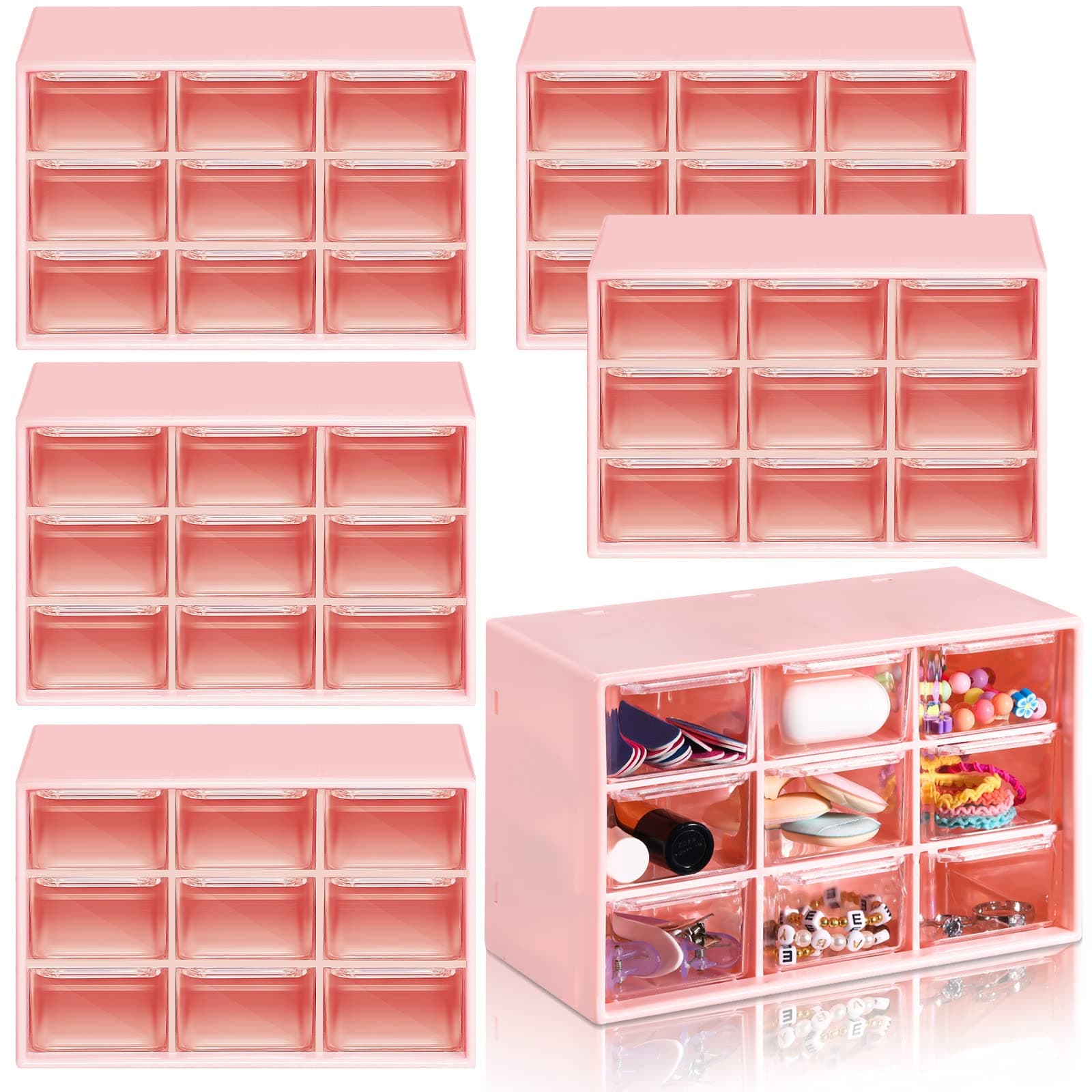 Amyhill 6 Pcs Mini Drawer Organizer Small Organizer with 9 Drawers Plastic Desktop Craft Storage Box for Office Home Room Jewelry Cosmetics Collection(Pink)