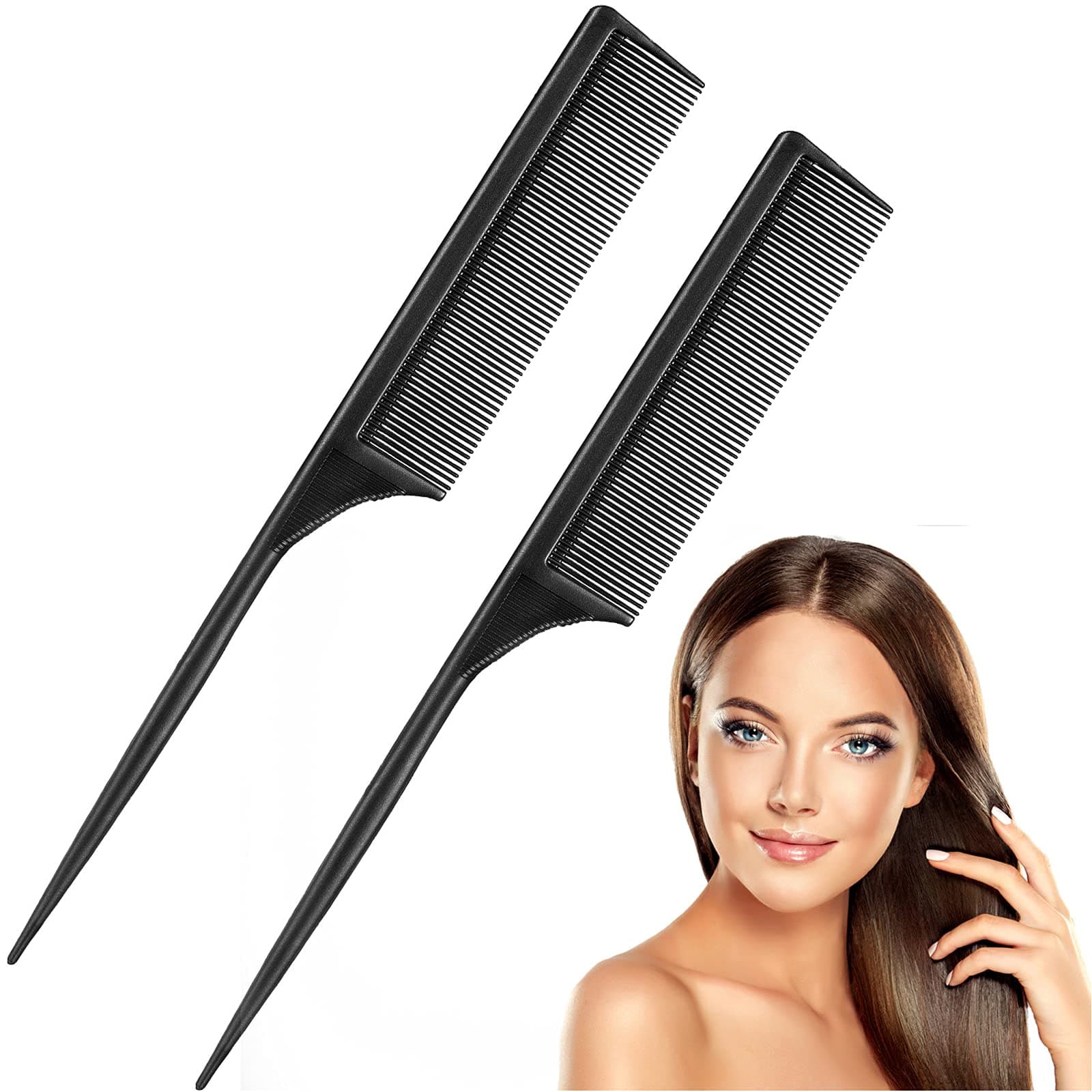 Leinuosen 2 Pack 9 Inch Rat Tail Comb for Women Fine Tooth Parting Comb Carbon Fiber Heat Resistant Teasing with Plastic Pick Hair Styling Thin Lightweight for Women Men(Black)