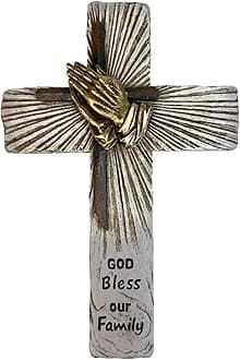 Praying Hands Wall Cross – “God Bless Our Family” – 11. 7/8” Resin Religious Wall Decor with Radiating Rays – Inspirational Christian Home Sculpture Jesus Art Decoration