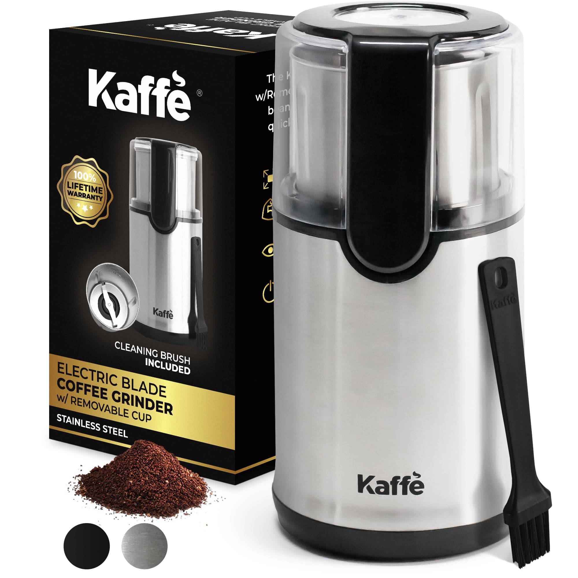 Kaffe Electric Coffee Grinder with Removable Cup (3.5oz) - Stainless Steel - Cleaning Brush Included - Espresso Coffee Bean Grinder for Home Use