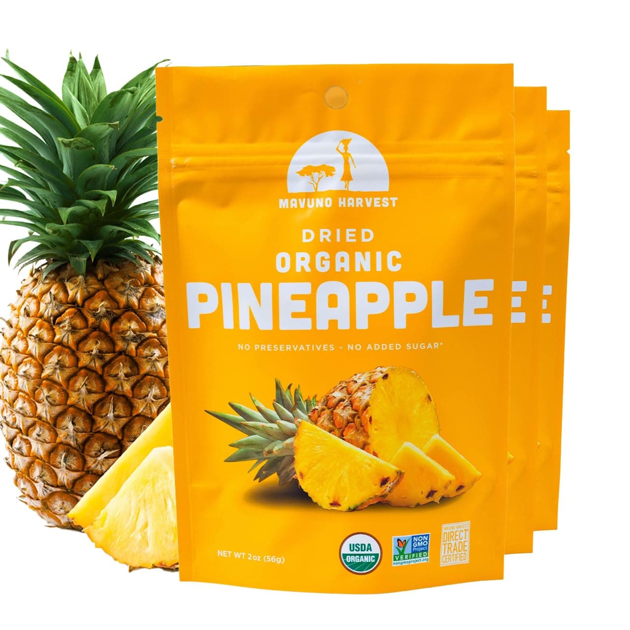 Mavuno Harvest Pineapple Dried Fruit Snacks | Organic Dried Pineapple Chunks| Gluten Free Healthy Snacks for Kids and Adults | No Sugar Added, Vegan, Non GMO, Direct Trade | 2 Ounce, Pack of 3