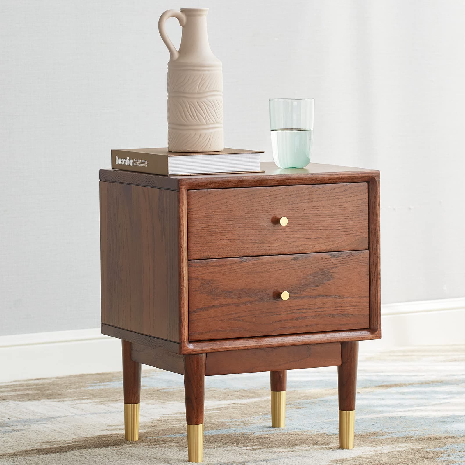 MU RONG Solid Oak Bedside Table Walnut Color Modern Bedside Cabinet Wooden Nightstand End Lamp Table with 2 Drawers