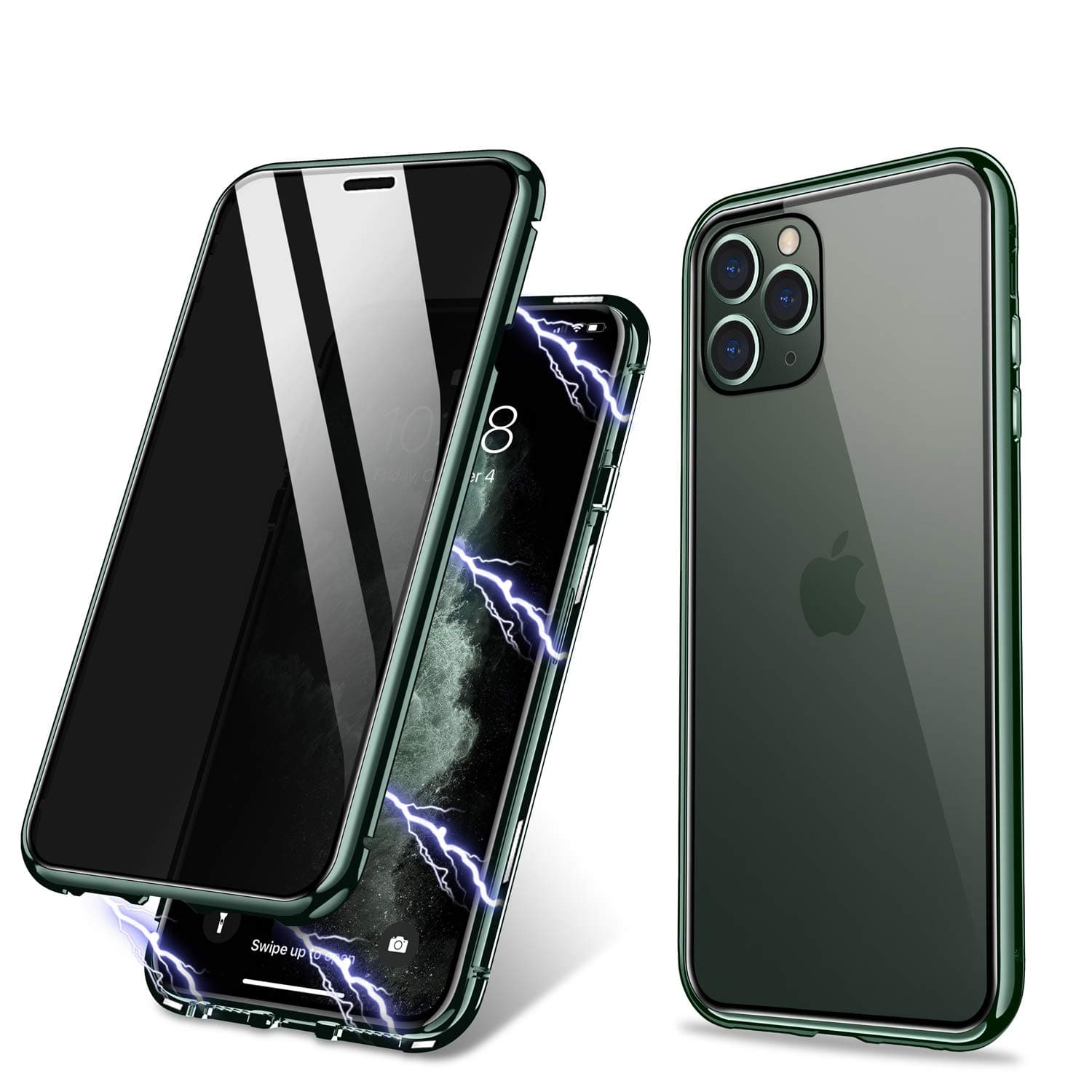 ZHIKEPhone Case Compatible with iPhone 11 Pro Max, Anti-Peep Magnetic Adsorption Case Front and Back Tempered Glass Full Screen Coverage One-piece Design Flip Privacy Cover (Midnight Green)