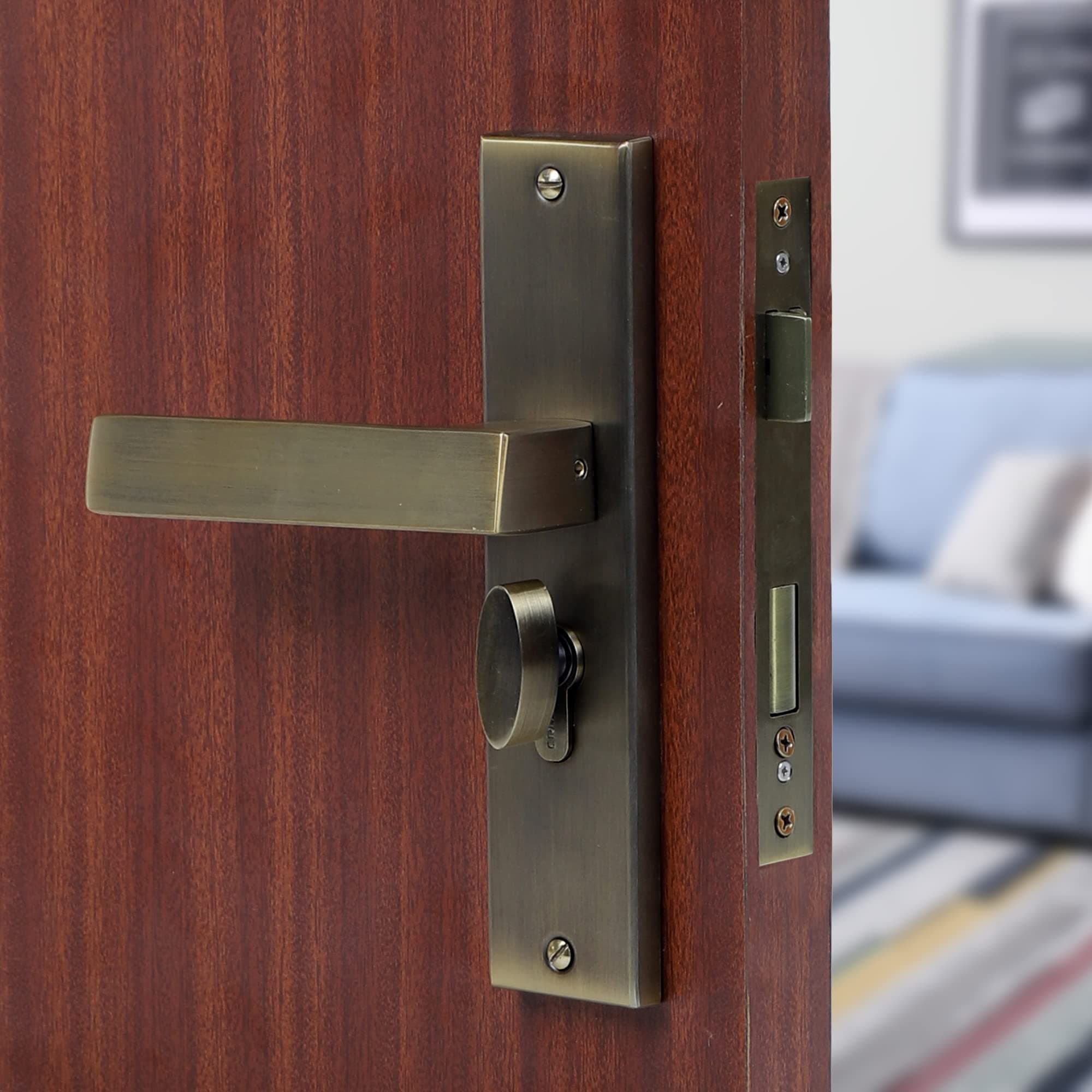 Blue Space Premium 8" Cylindrical Plate Mortise Door Lock Handle Set/Mortise Lock with Brass Lock Body and One Side Key 60mm Brass Cylinder Set with 3 Brass Computer Keys (LB10003, Antique)