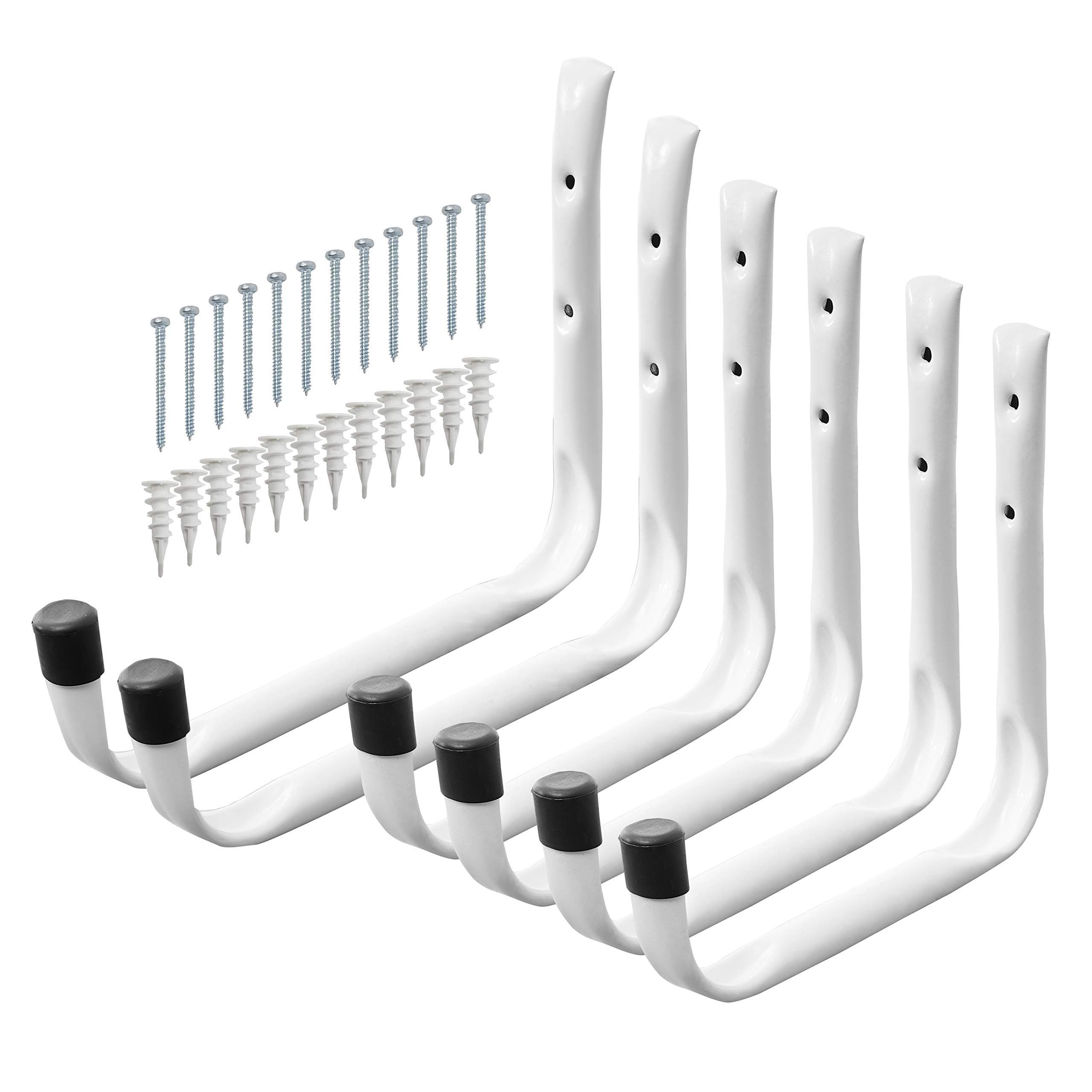 Wall Utility Garage Storage Hook – 6 Pack Metal Steel White Large Heavy Duty Mount Hanger Two Sizes with Mounting Screw Hardware Kit for Hanging Bike, Ladder, Tools, and Hose for Organization