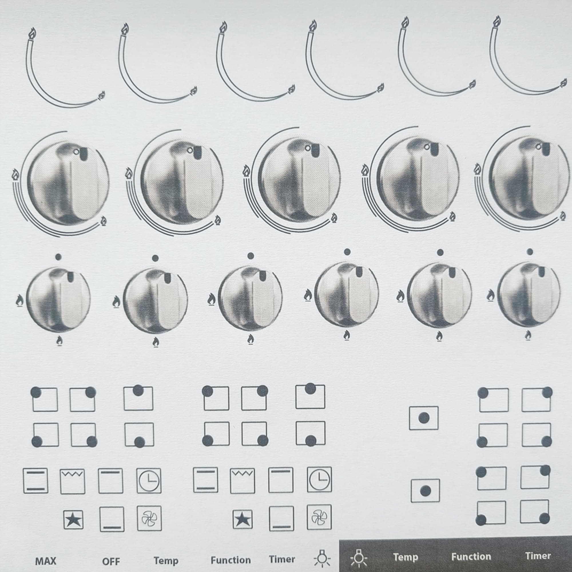 Arqi UK Multiple Stove Hob Range Replacement Stickers, Universal for 4, 5 and 6 burners, Black ink on transparent, heat and grease resistant on tough PVC,