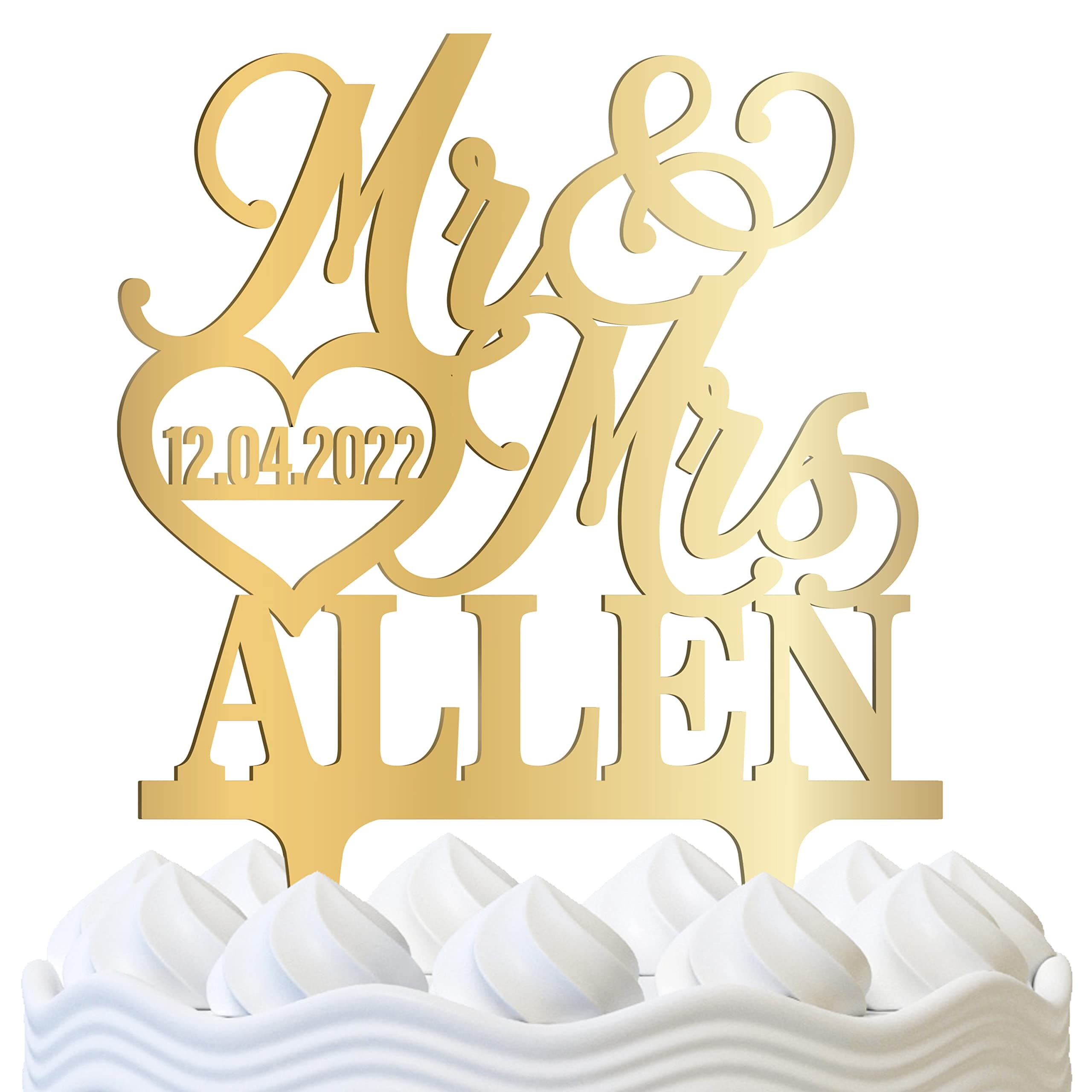 Personalized Wedding Cake Topper - Wedding Cake Decoration, Elegant Customized Mr Mrs Wedding Cake Topper, Last Name & Date w/Heart - Mirrored Acrylic