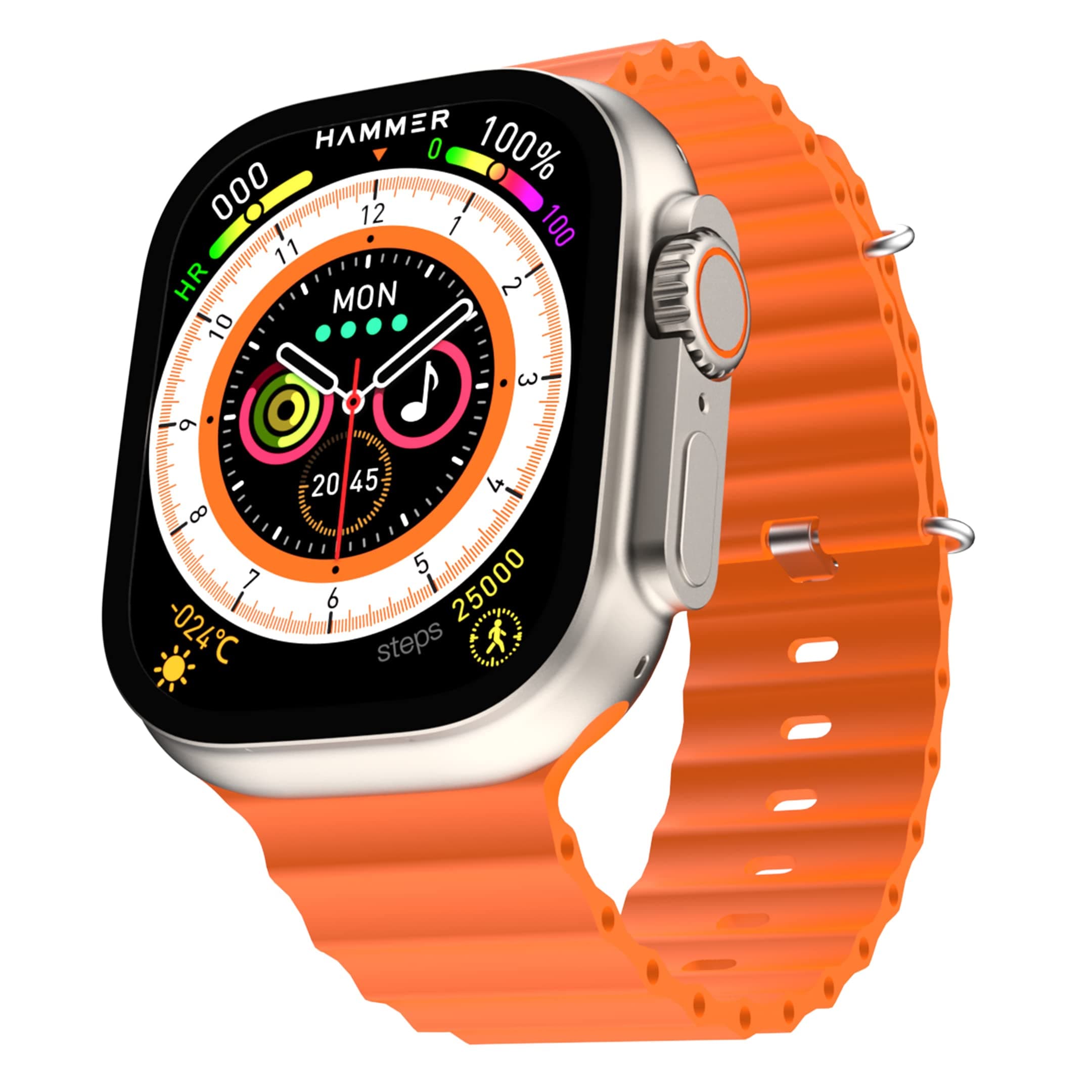 (Refurbished) HAMMER Ace Ultra 1.96" Bluetooth Calling Smart Watch with Rotating Crown, Metallic Body, 600 Nits AOD, Spo2, HR, BP & 2 Straps (Grey & Orange)