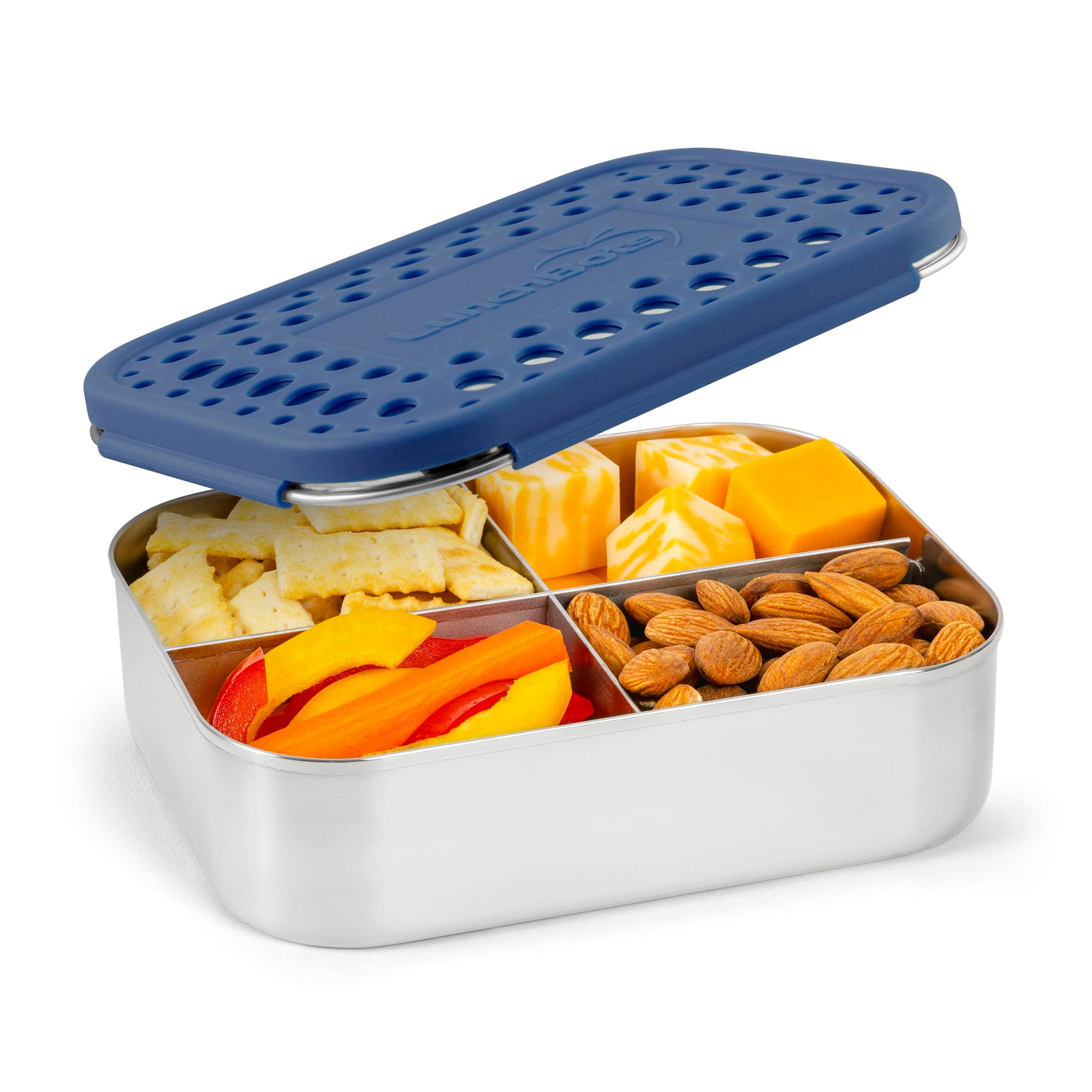 LunchBots Medium Quad Snack Container - Divided Stainless Steel Food Container - Four Sections for Finger Foods On the Go - Eco-Friendly, Dishwasher Safe - Stainless Lid - Blue Dots