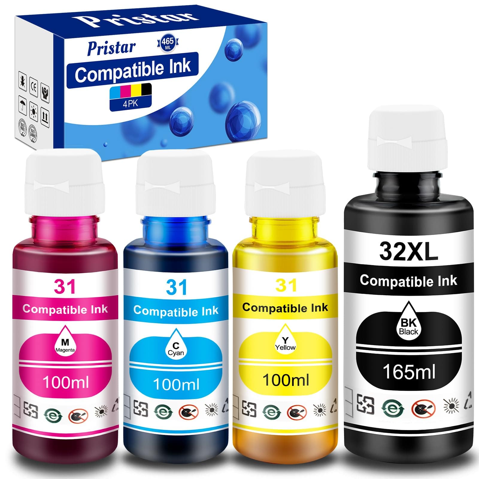 Pristar Compatible Ink Bottle Replacement for HP 31 32XL Dye Ink Work with Smart-Tank Plus 551 651 Wireless All-in-One Ink -Tank Printer (165ml Black, 100ml Cyan/Magenta/Yellow, 4-Pack)