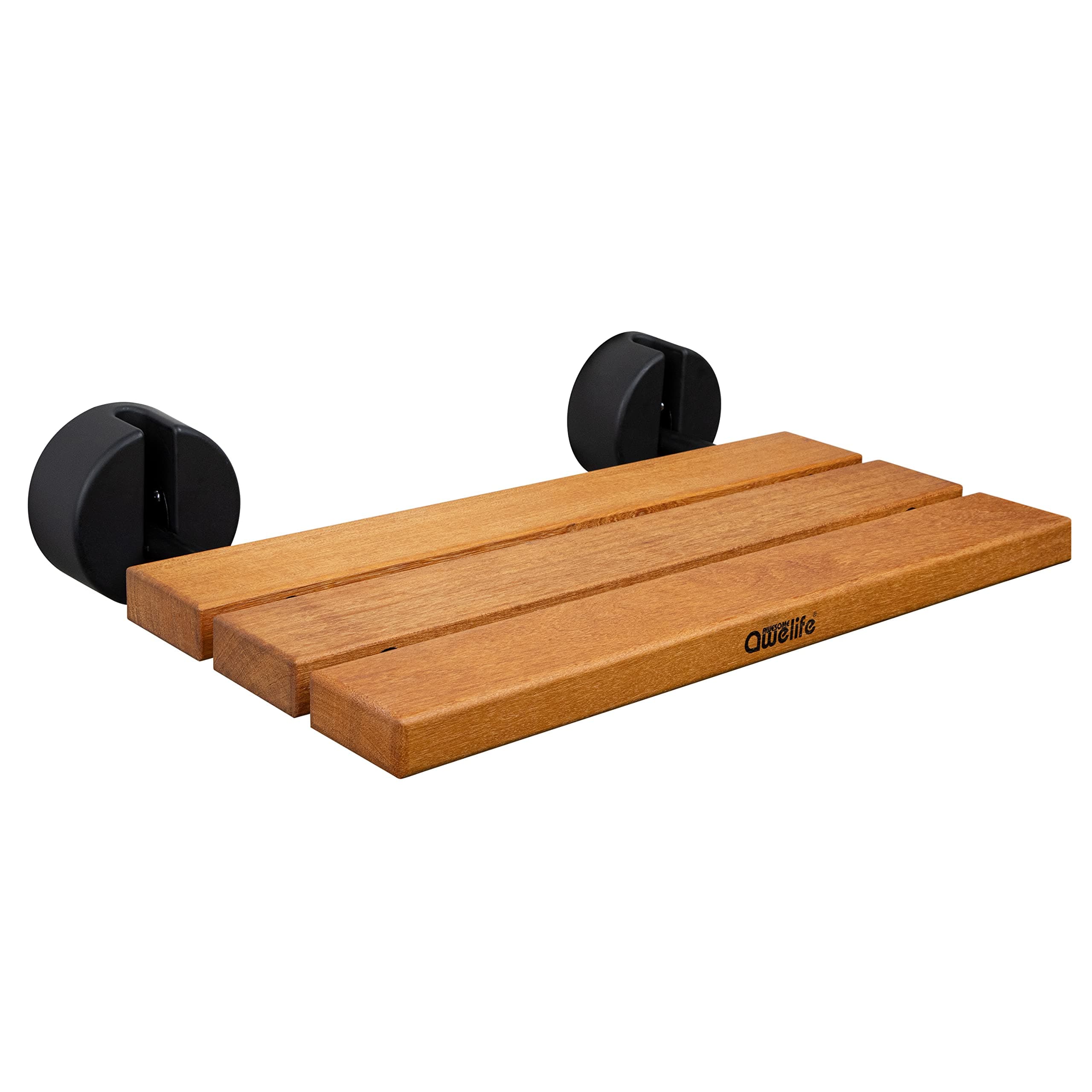 20" Folding Shower Seat Wall Mounted, Fold Down Teak Shower Bench for Small Shower Space, Home Care Teak Wood Stool for Inside Shower with Matte Black Fitting