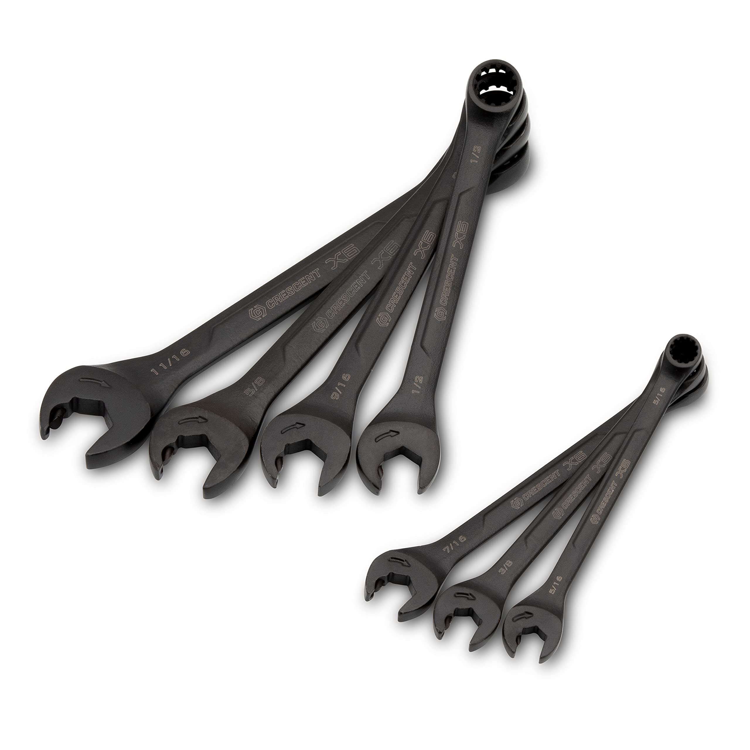 7 Piece X6 Black Oxide Spline Open End Ratcheting Combination SAE Wrench Set - CX6RWS7