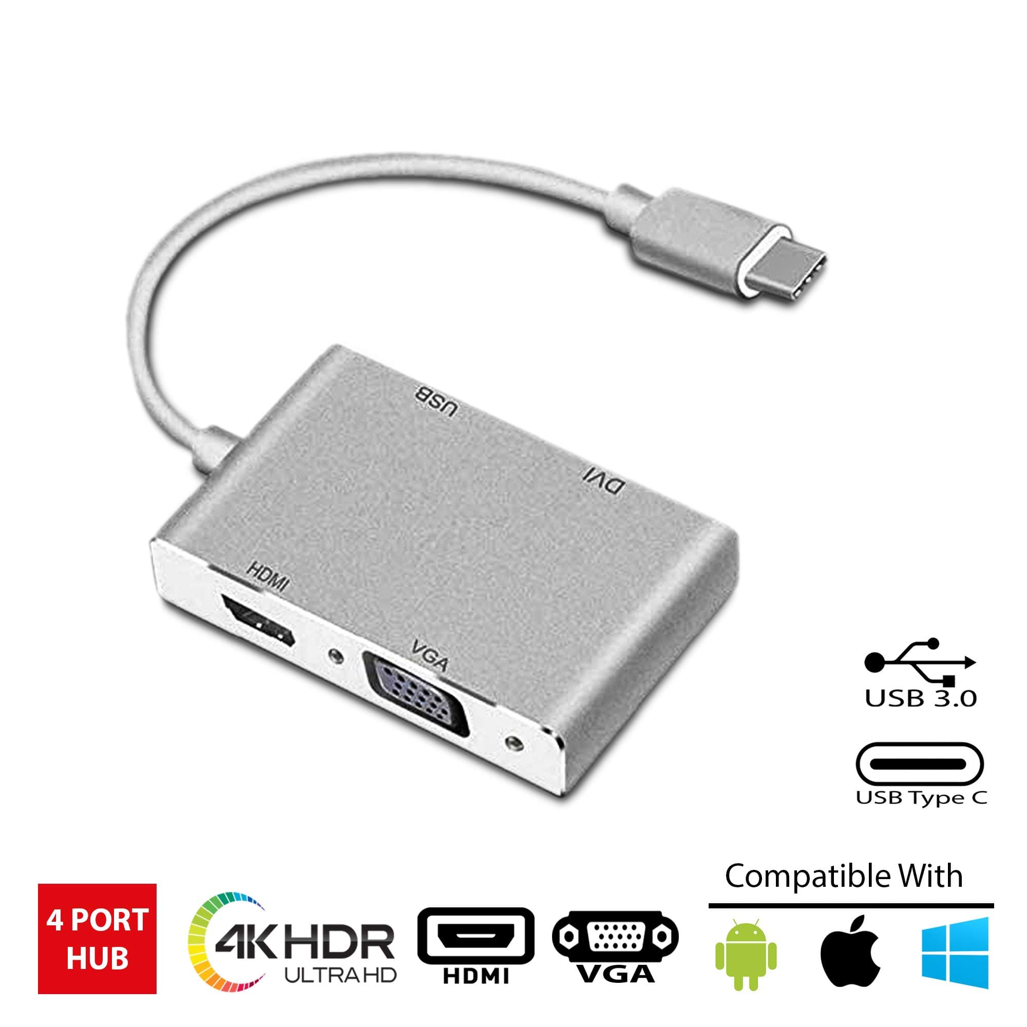 Lapkit USB C to HDMI/DVI/VGA Adapter, 4 in 1 USB 3.1 Type-C Hub VGA/HDMI/DVI Video Adapter 4K UHD, Support HDMI&VGA, DVI&VGA Simultaneously, Male to Female Multi-Display Video Converter