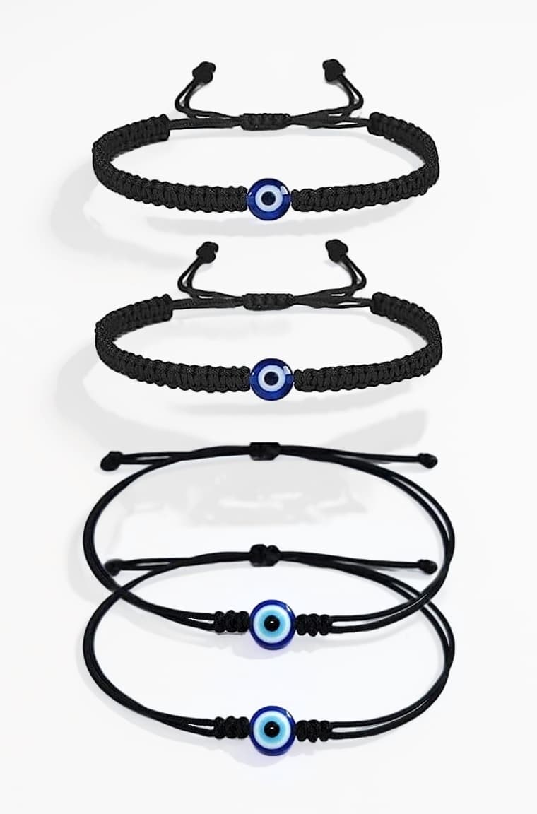 Handmade Nazariya 6 mm Evil Eye Charms Black Thread Bracelet Adjustable for Women, Men, Girls & Boys 4 Piece (BLACK)(AT GIRLS BRCT 036)