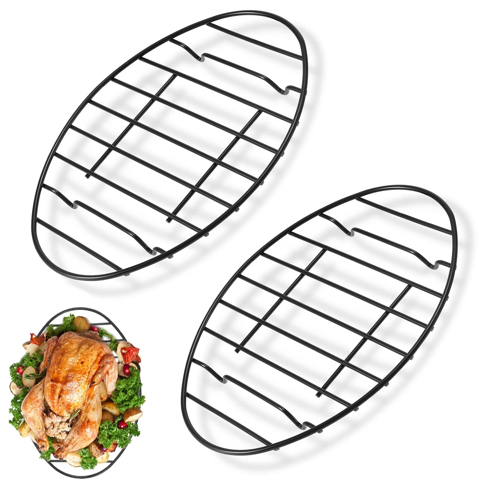 2 Pack Roasting Racks Oval Non Stick Stainless Steel Cooling Rack Grill Cooking Baking Grilling Roasting Steamer Rack Oven and Dishwasher Safe 12" x 8.5" (Black-2pack)