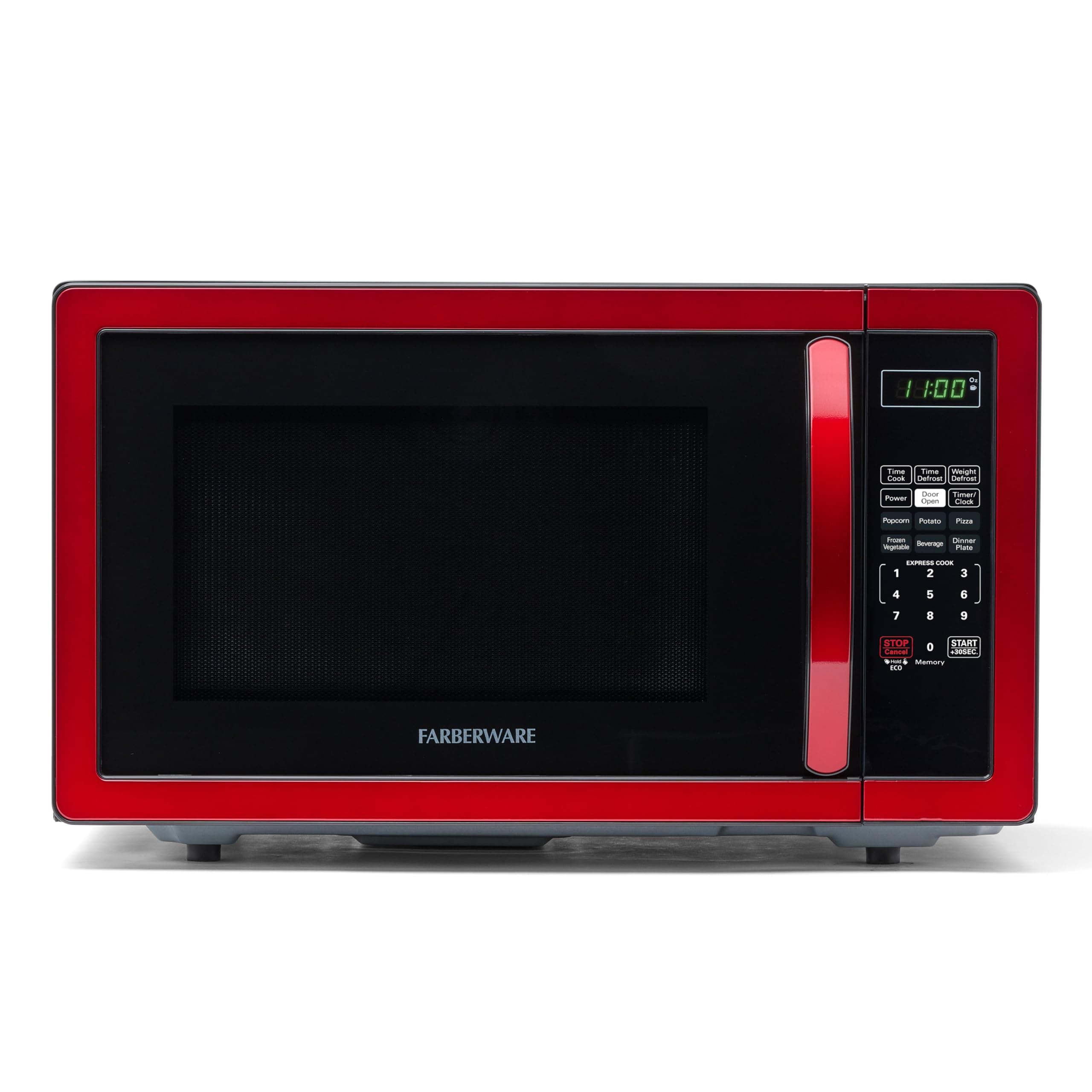 Farberware 1.1 Cu. Ft. Countertop Microwave Oven – 1000 Watts Power, Auto Cook Settings, Defrost, Easy Clean and Child Safety Lock - Metallic Red
