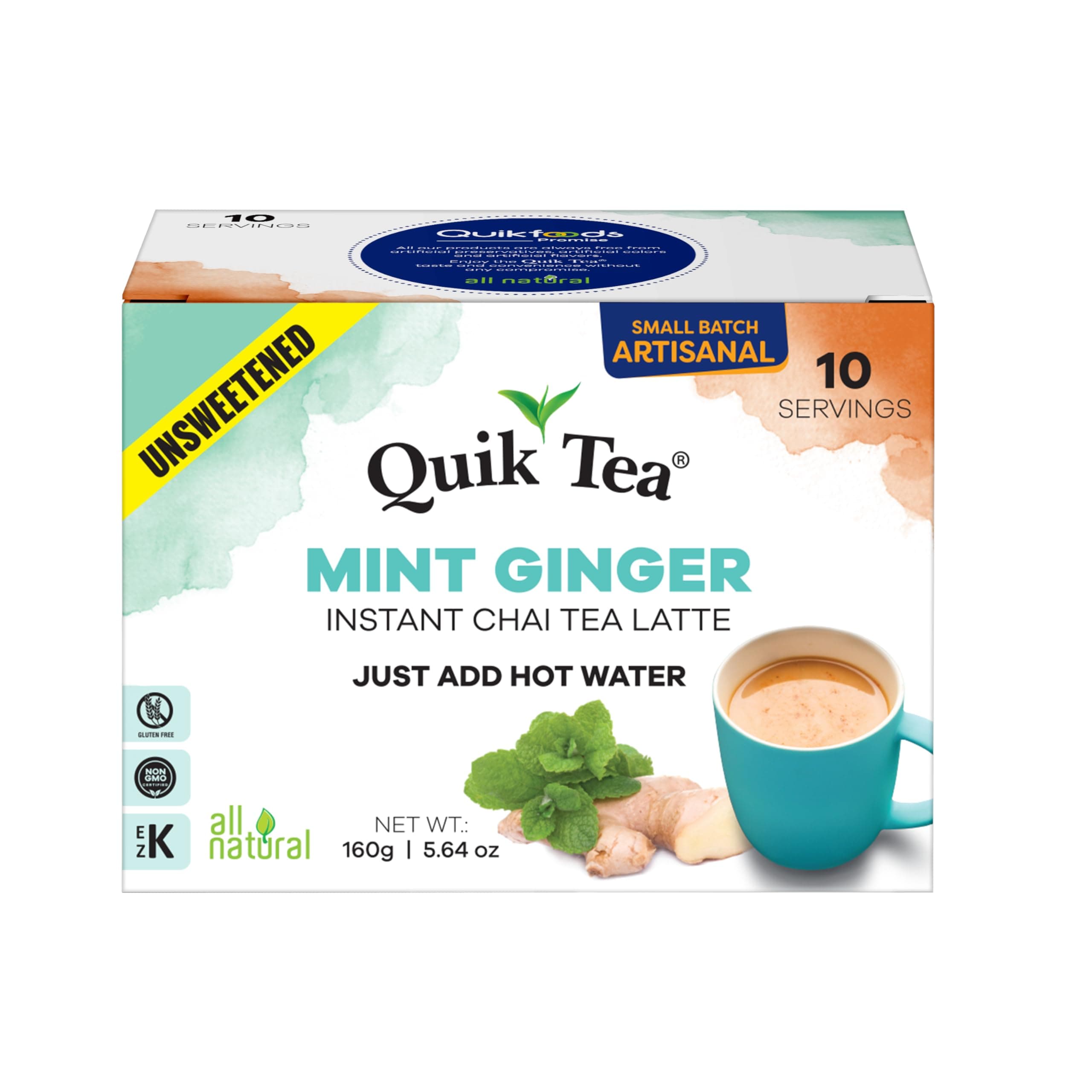 QuikTea Mint Ginger Unsweetened Chai Tea Latte – 10 Count, Bold Mint Ginger Flavor, Naturally Caffeine-Light, no preservatives, No Sugar Added – Just Add Hot or Cold Water