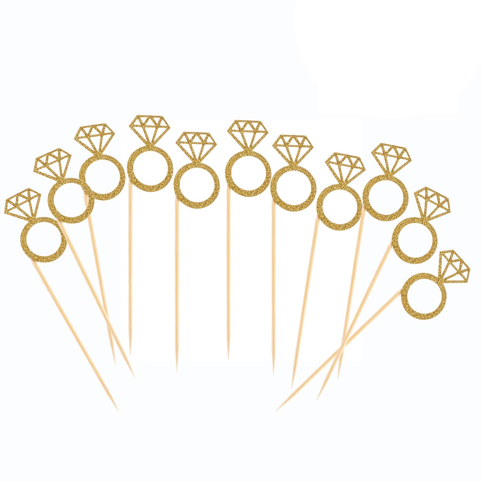 50 Pack Cupcake Toppers Gold Glitter Mini Diamond Ring Cakes Toppers for Marriage Engagement Anniversary Birthday Valentines Party Cake Decor