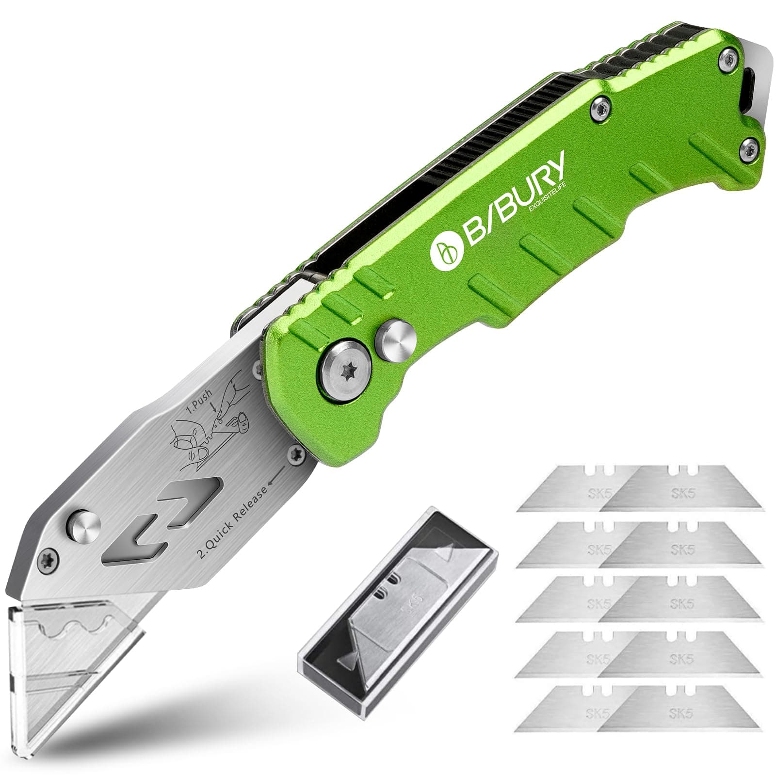 Utility Knife, BIBURY Upgraded Version Heavy Duty Box Cutter, Pocket Carpet knife with 10 Replaceable SK5 Stainless Steel Blades, Belt Clip, Easy Release Button, Quick Change and Safety Lock-Green