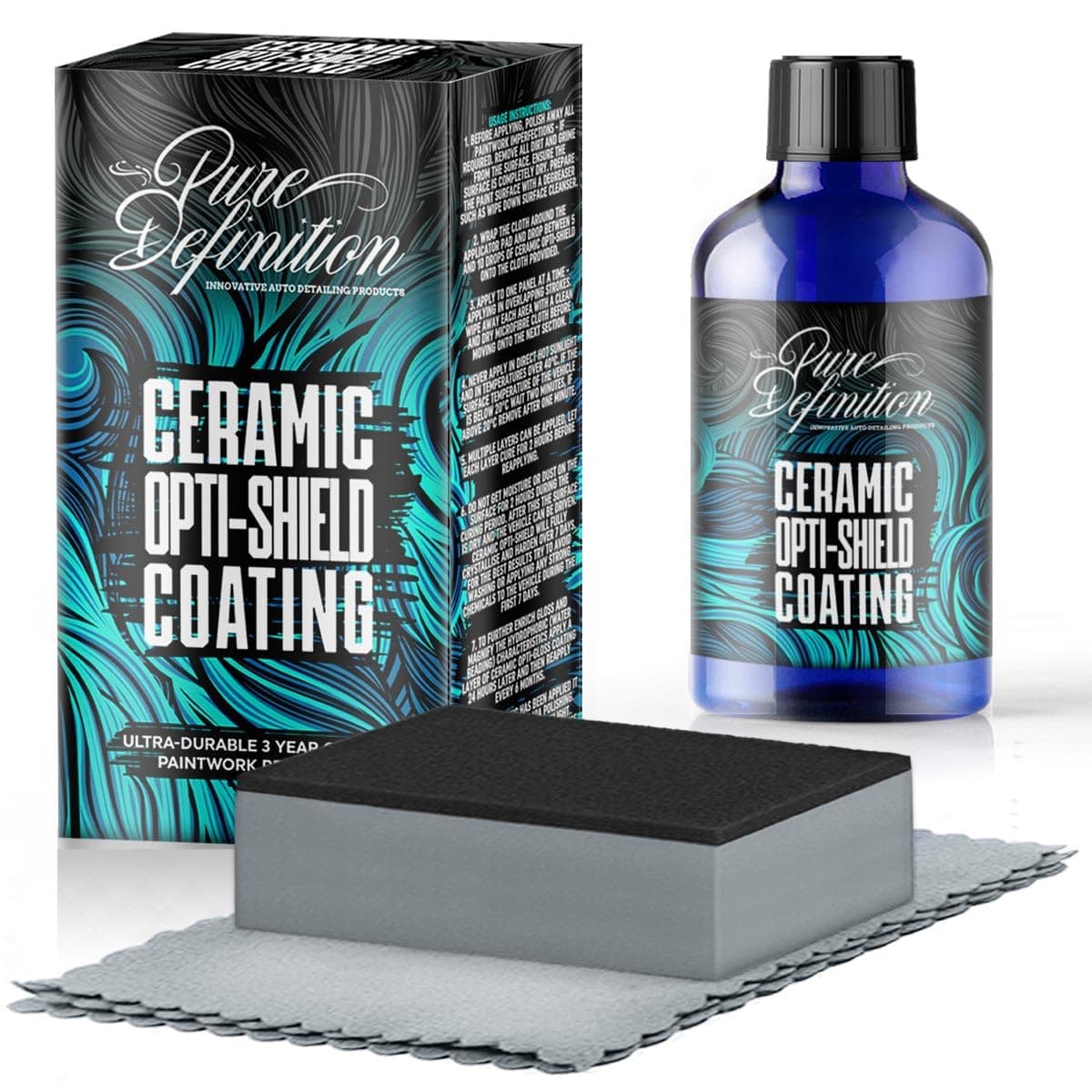 Pure Definition Ceramic Coating Kit, 3 Years Car Paintwork Protection, Hydrophobic Water Beading Paint Sealant, Ceramic Opti-Shield Comes With Cloth and Applicator Pad