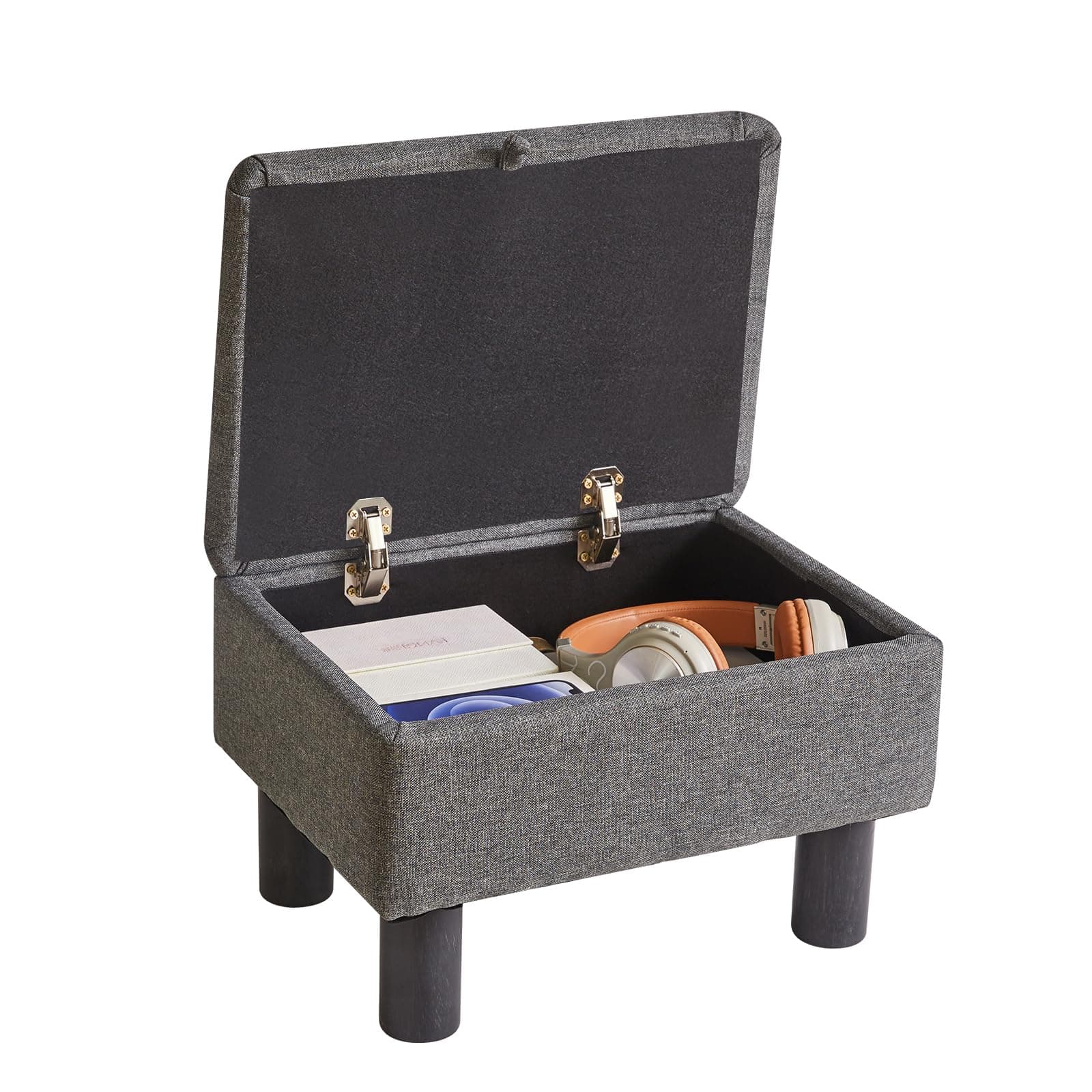Linen Small Ottoman Foot Rest, Foot Stools with Storage Small, Upholstered Rectangle Wood Ottoman with Safety Hinge Flip Top, Bed Stool for Bedroom Dorm Light Gray YD-JD1364