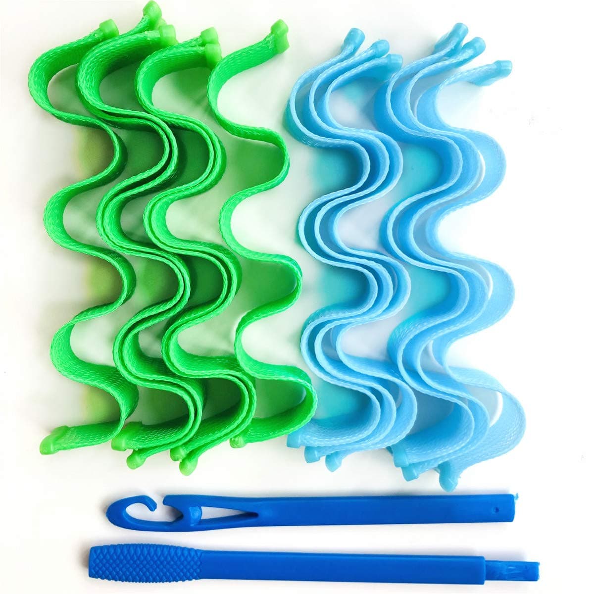 Magic Long Hair Curlers Curl Formers Spiral Rollers Styling Tool Magic Curlers with Hook Heatless Wave Formers Magic DIY Hair Curler (Green & blue)